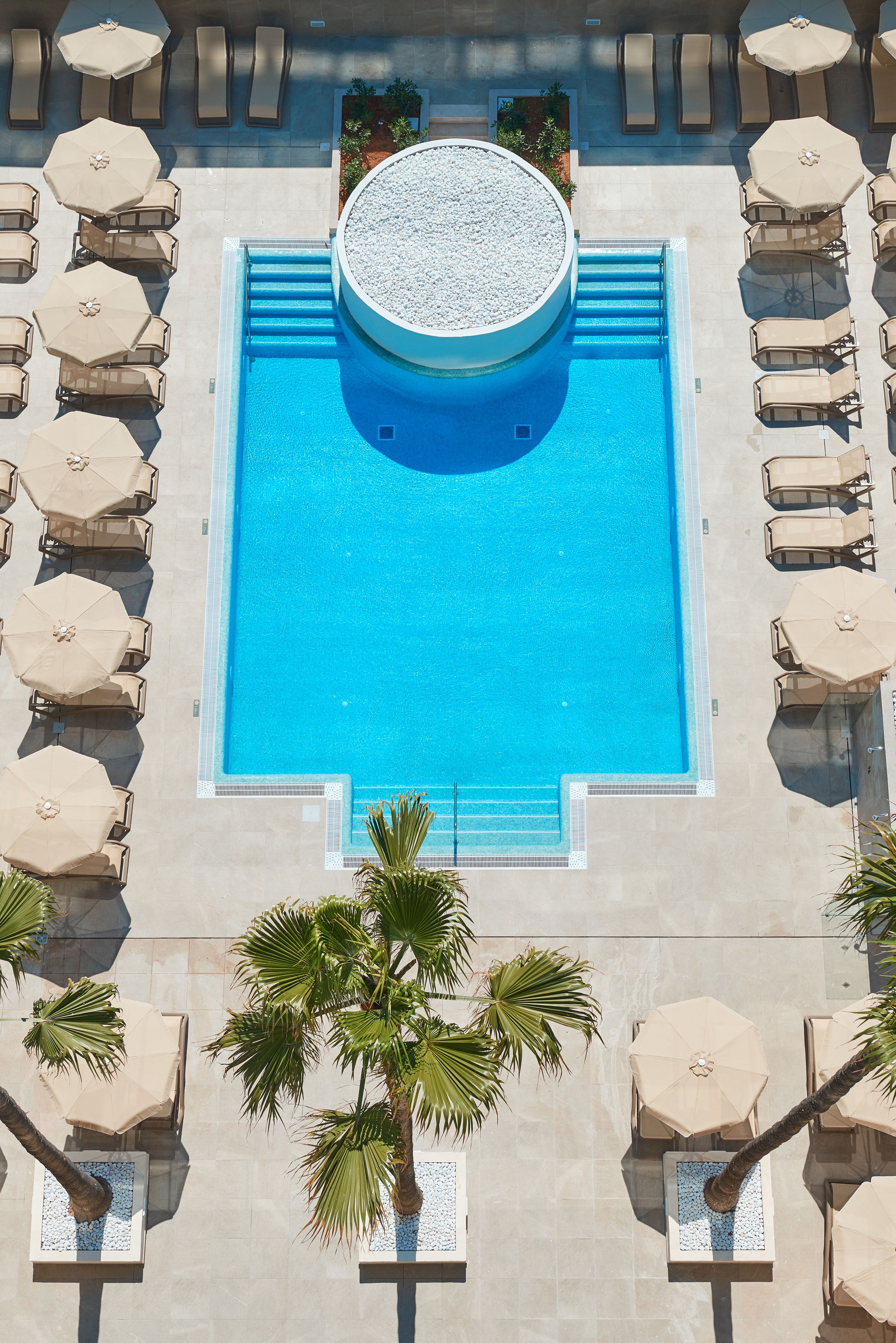 Una piscina en la azotea con un jacuzzi circular, rodeada de sillas de descanso y sombrillas, y palmeras.