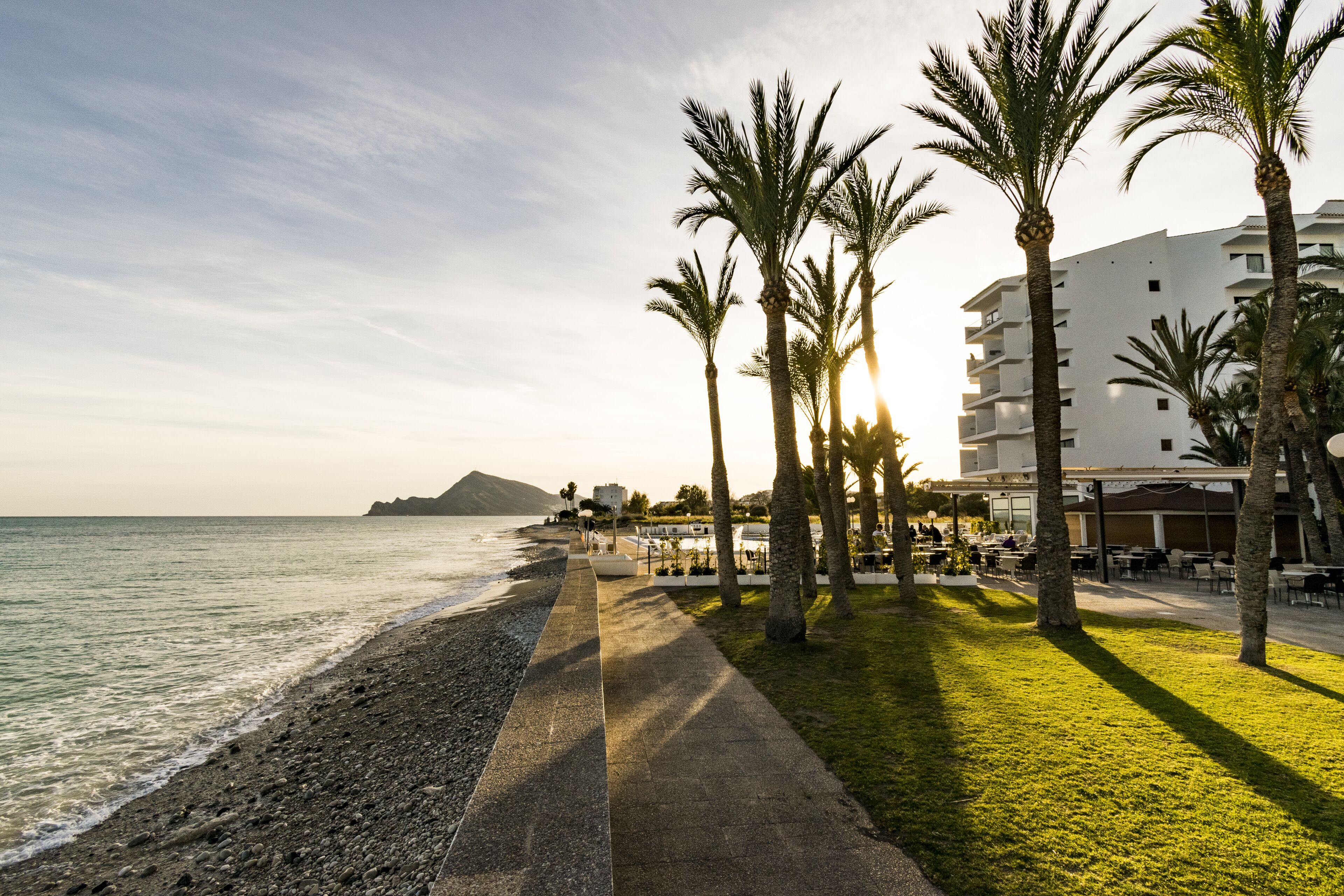 On the beach, sun loungers, beach towels