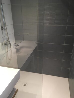 Ducha, secador de pelo, toallas, jabón