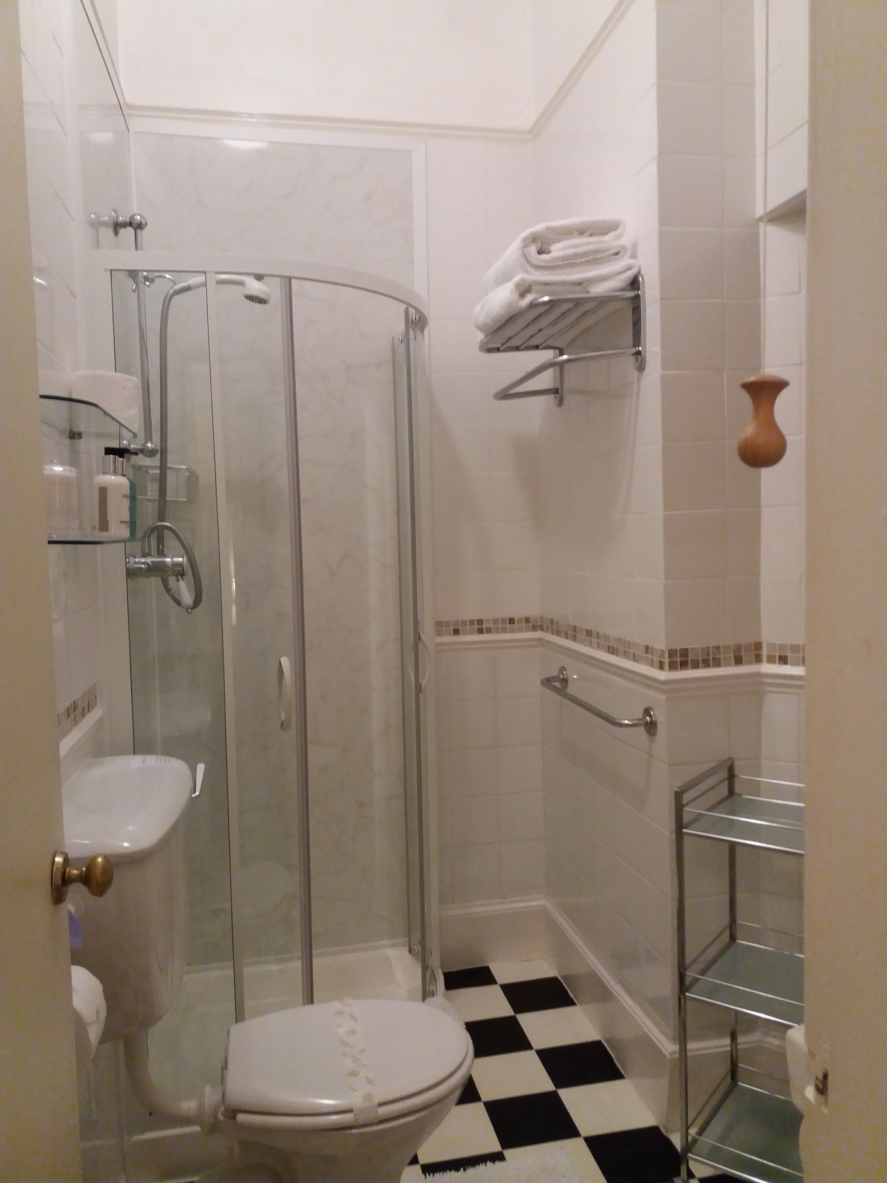 A bathroom with a glass-enclosed shower, a toilet, and a sink.