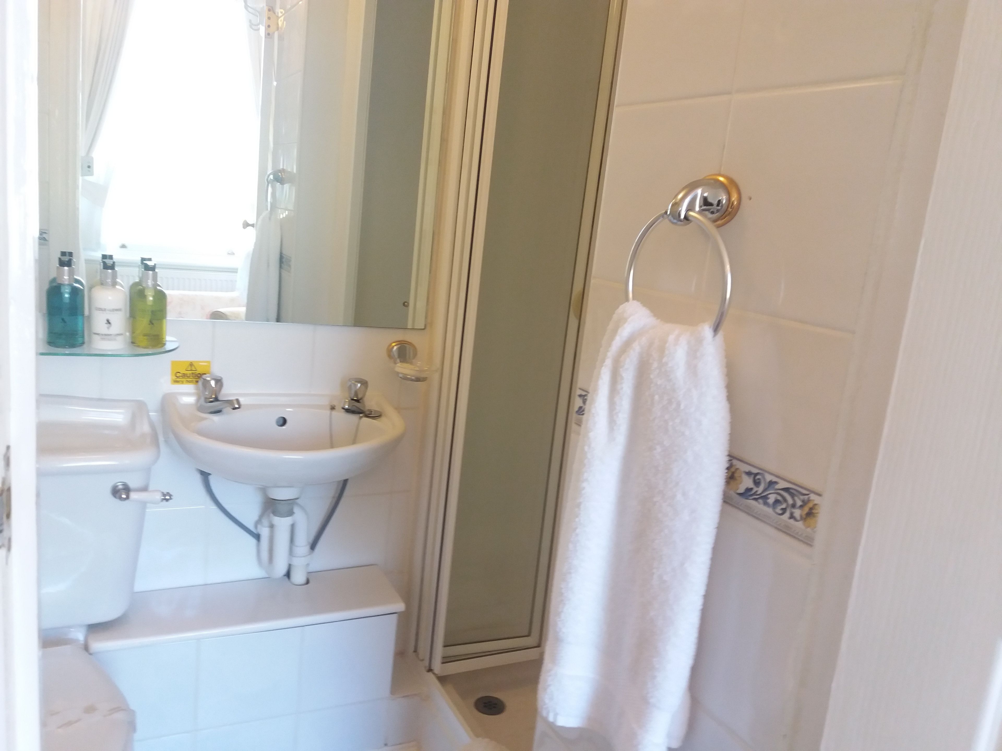 Een badkamer met een wastafel, toilet en douche.