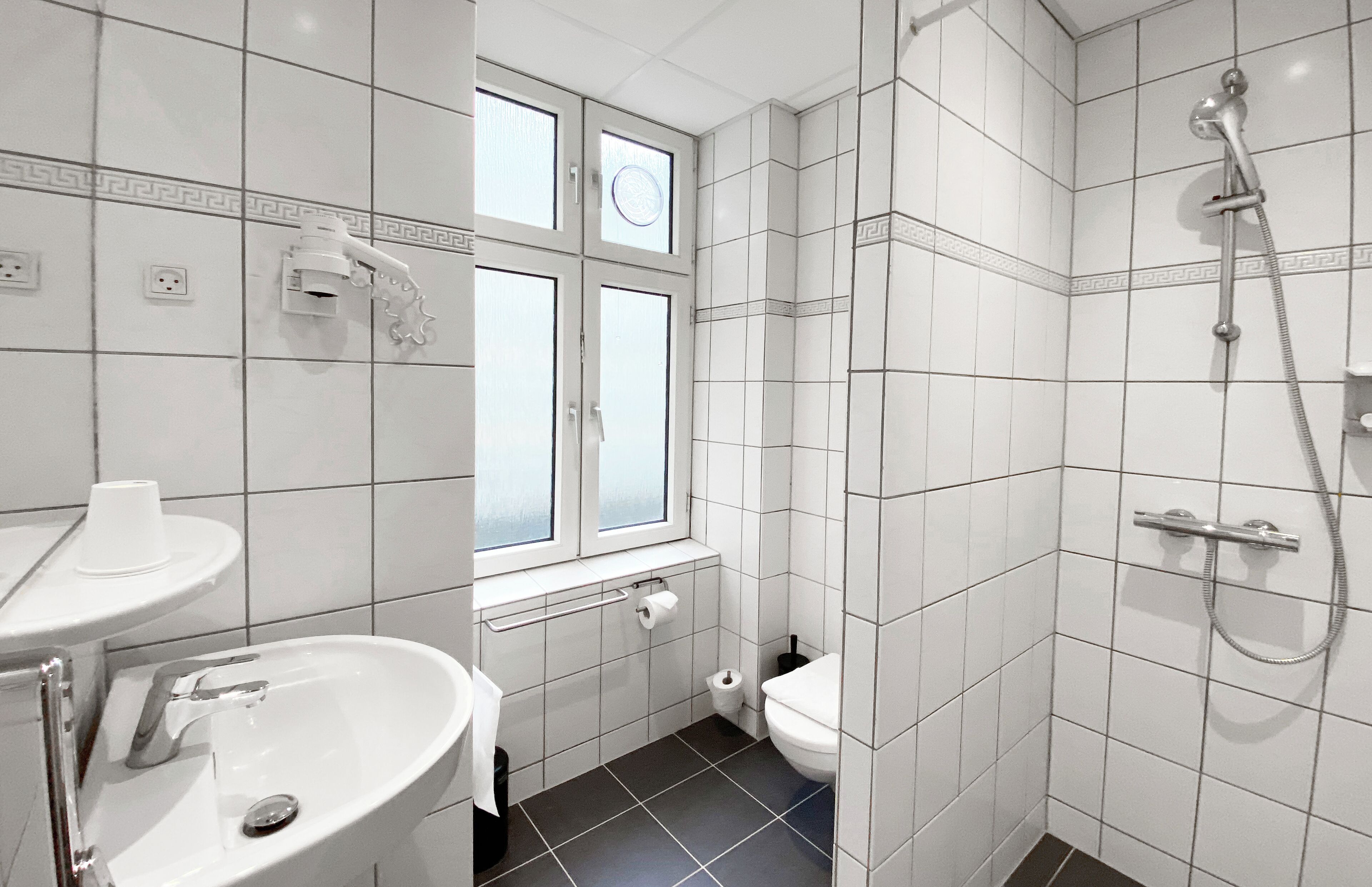 standard triple room, private bathroom (twin beds and sofa bed) | bathroom | hair dryer, towels