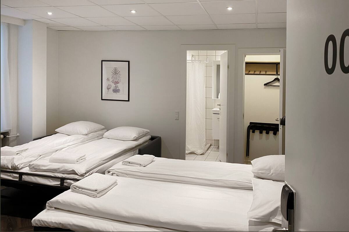 Une chambre d’hôtel avec trois lits simples, une salle de bain avec douche et un porte-manteau.