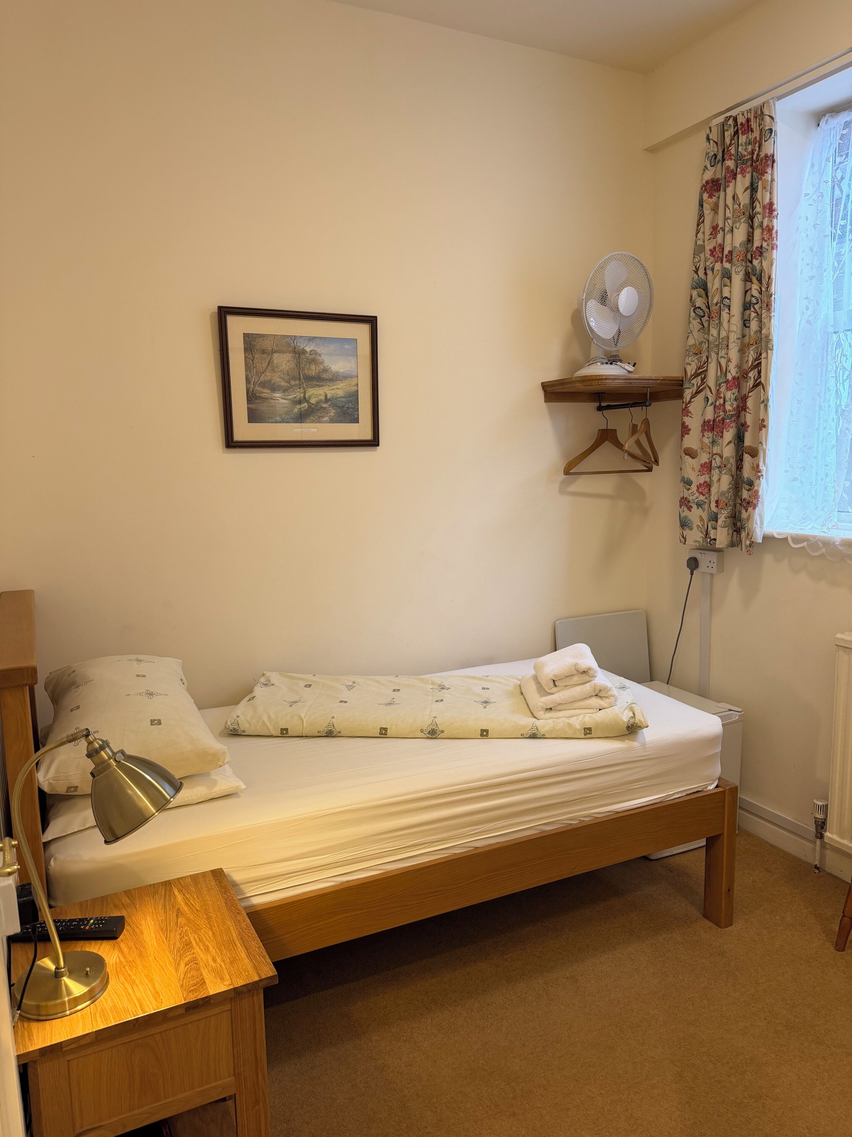 A bedroom with a single bed, a bedside table with a lamp, a framed picture on the wall, a fan, and a window with curtains.