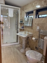 A bathroom with a glass shower enclosure, a pedestal sink, a toilet, and a vanity mirror.