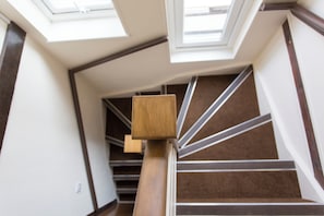 A staircase with a wooden handrail and a skylight above.