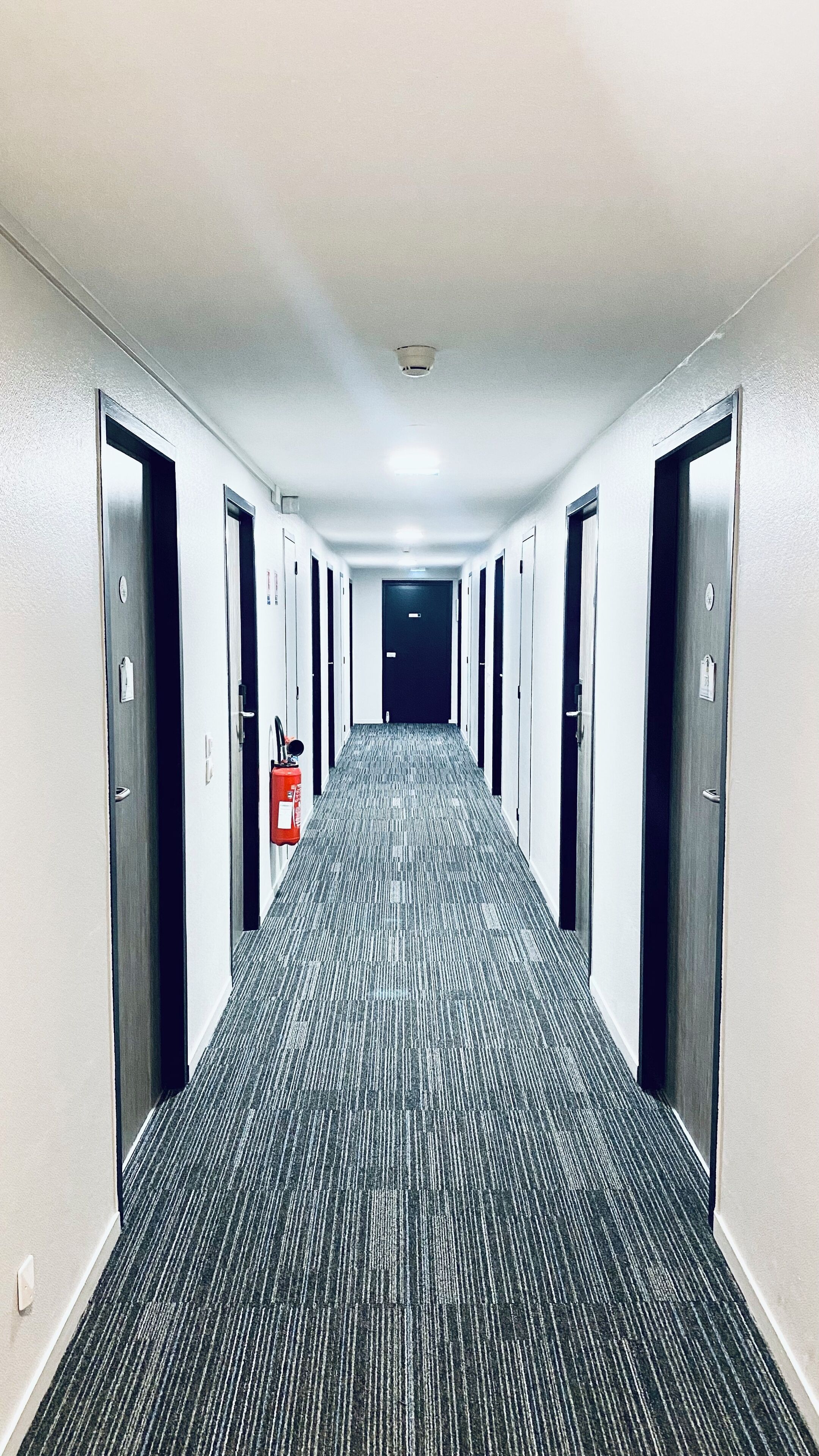 Ein Hotelgang mit Türen an beiden Seiten, einem Feuerlöscher und einer Deckenleuchte.