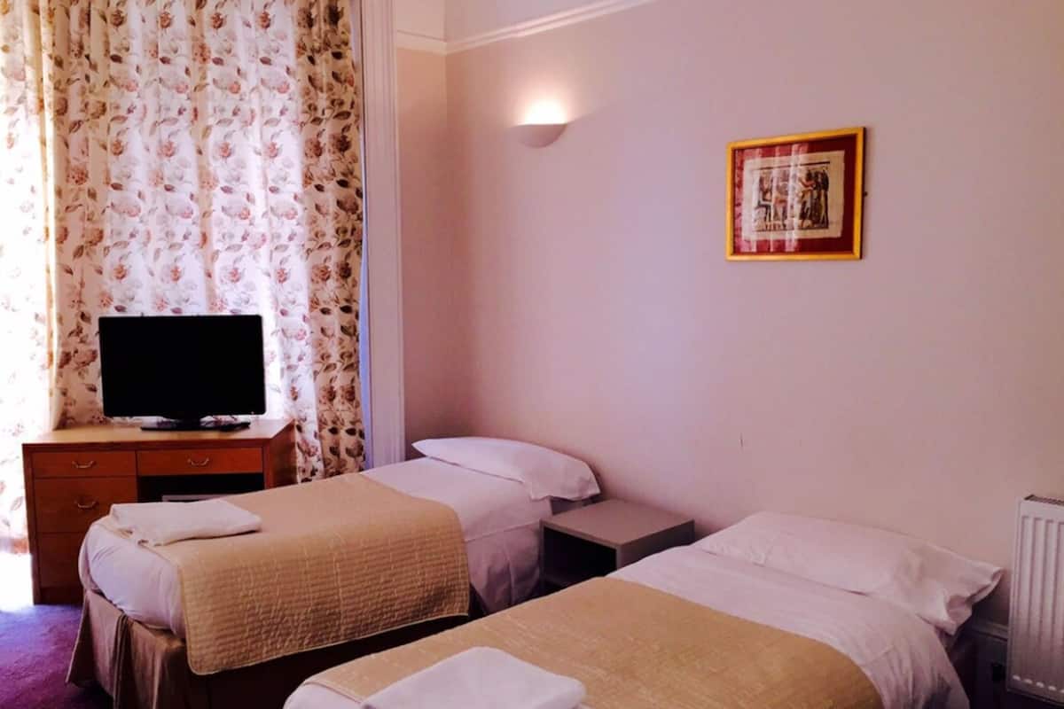 A hotel room with two beds, a television on a wooden dresser, a framed picture on the wall, and a radiator.
