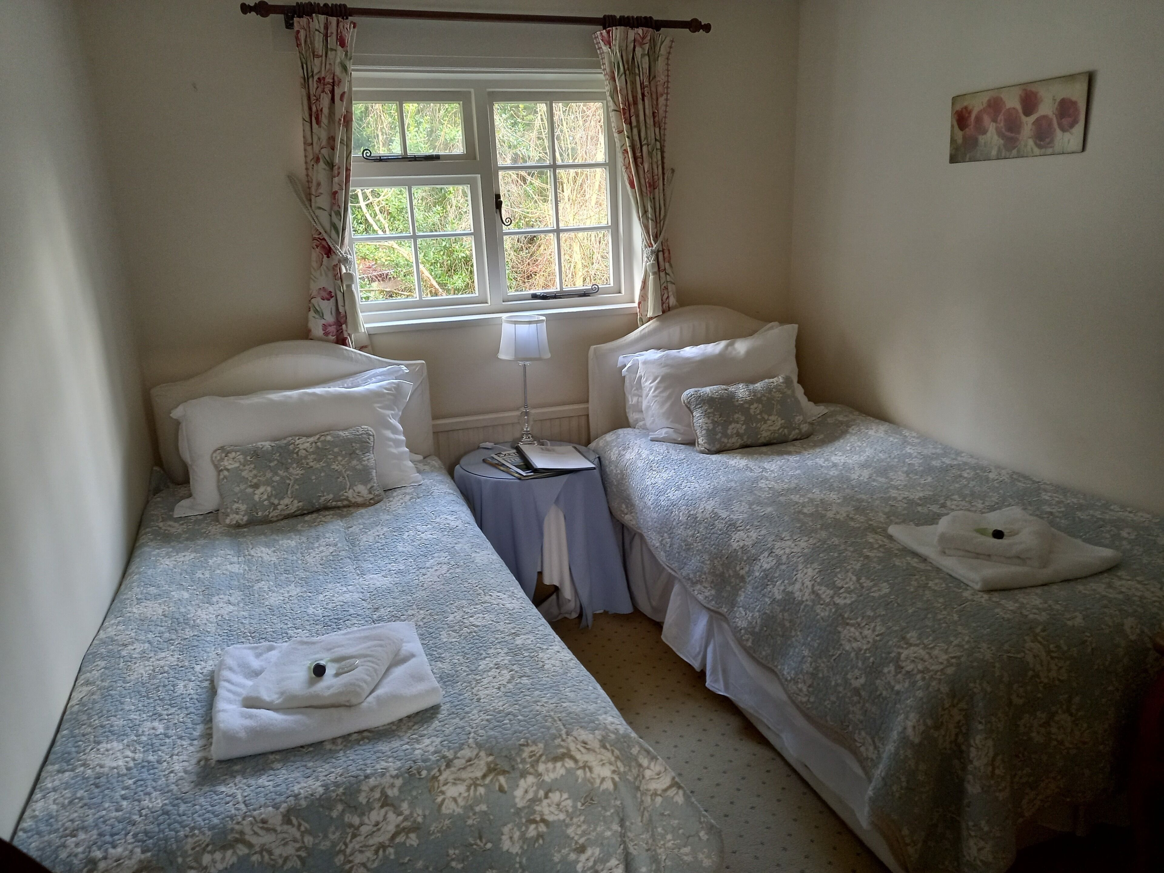 A room with two single beds, each with a pillow and a folded towel. There is a small table with a lamp between the beds.