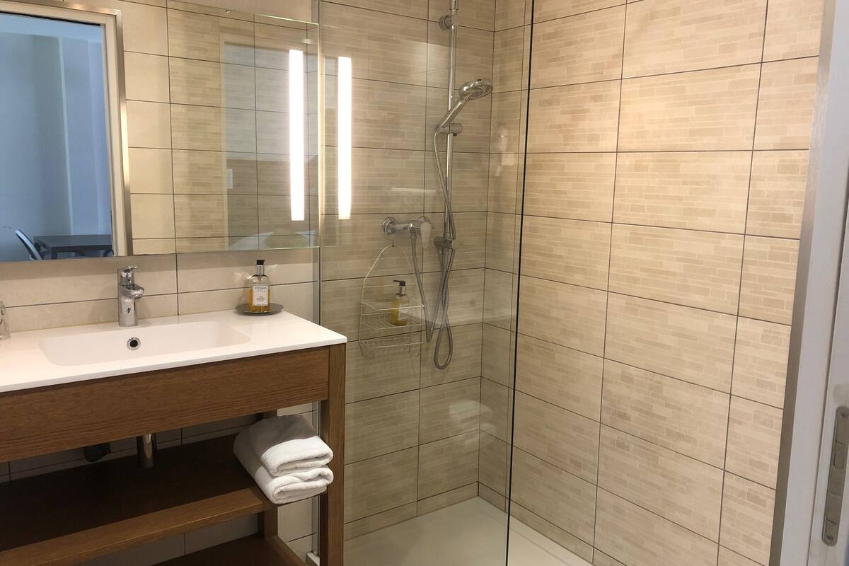 suite (gîte) | bathroom | hair dryer, towels, soap, shampoo