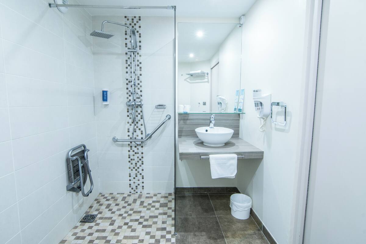 shower, free toiletries, hair dryer, towels