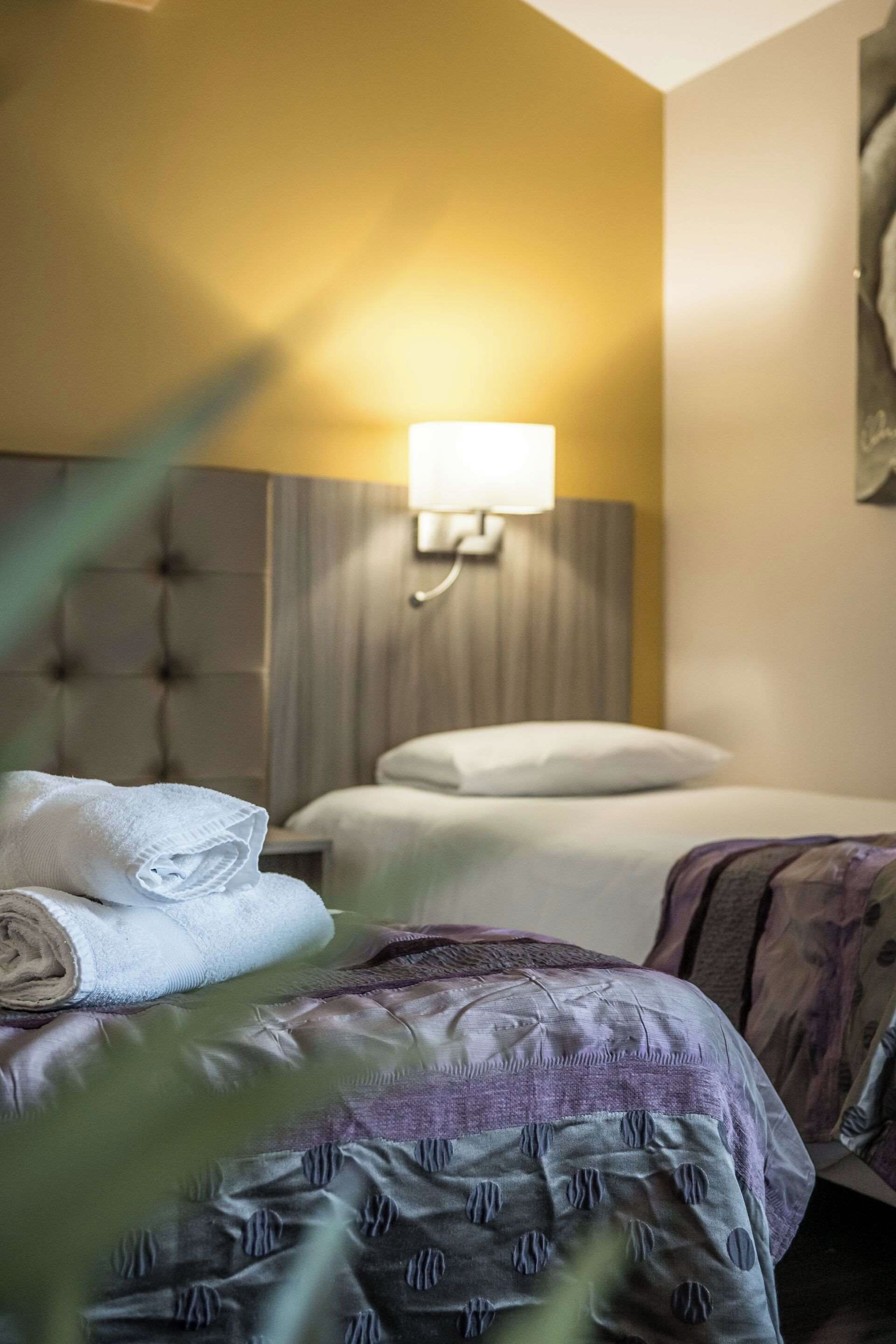 Une chambre d’hôtel avec deux lits, une lampe fixée au mur et une plante au premier plan.