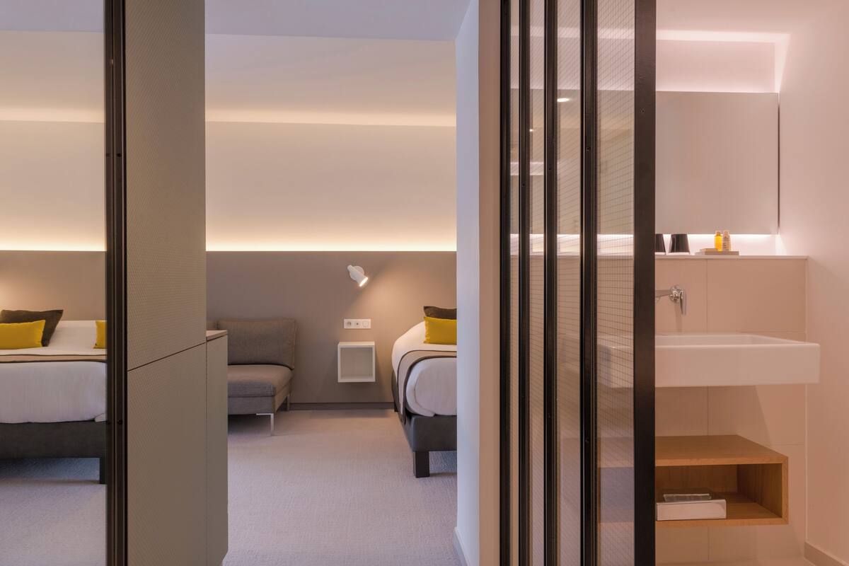 hair dryer, bathrobes, towels, soap