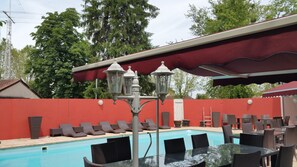 Seasonal outdoor pool, sun loungers