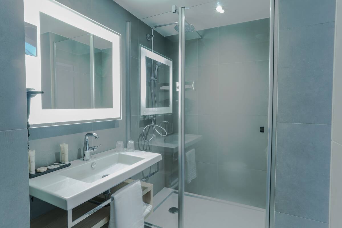 shower, free toiletries, hair dryer, towels