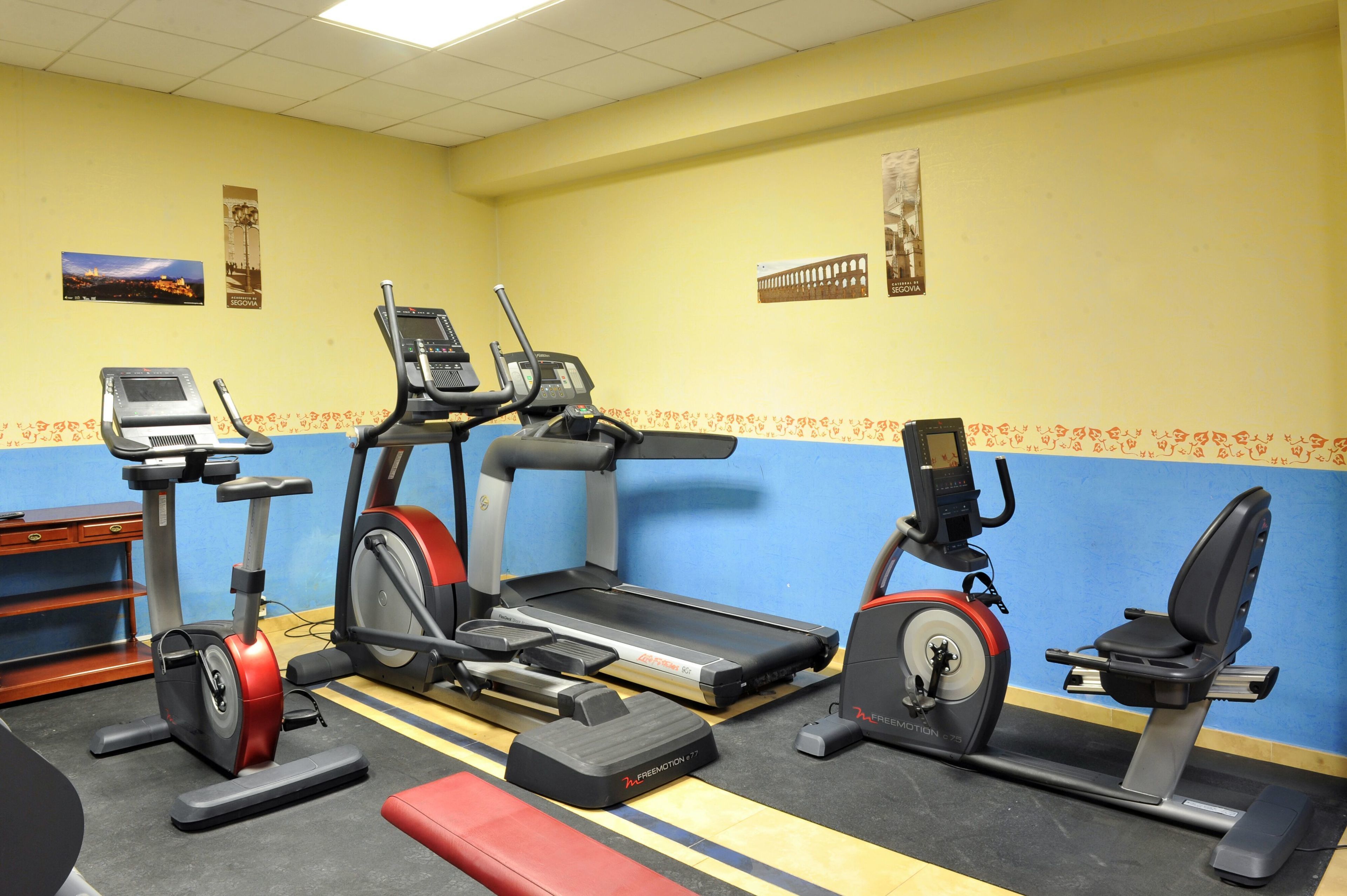 Ein Fitnessraum mit verschiedenen Cardiogeräten, darunter Laufbänder und Ergometer, sowie einer Bank.