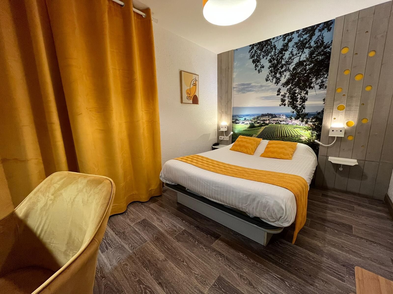 double room single use | individually decorated, desk, laptop workspace, blackout curtains