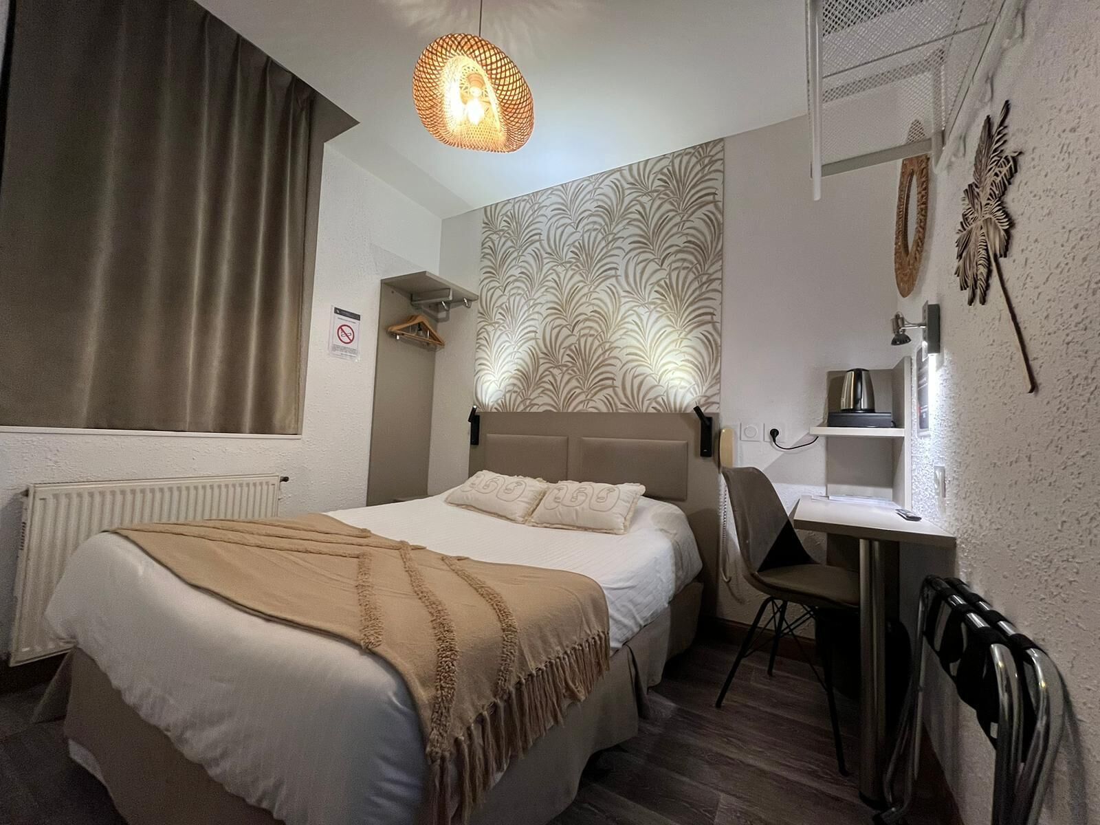 double room single use | individually decorated, desk, laptop workspace, blackout curtains