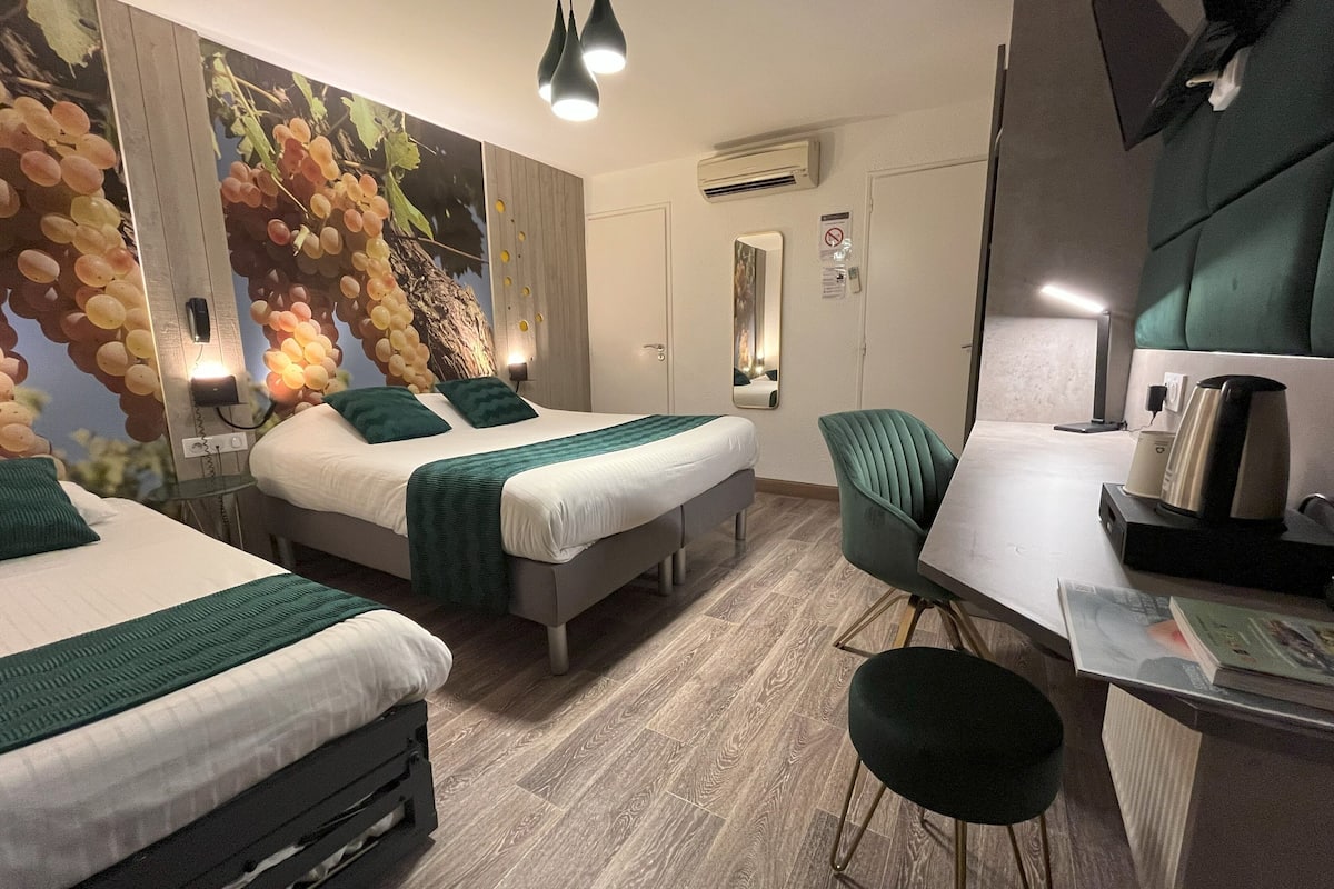 individually decorated, desk, laptop workspace, blackout curtains