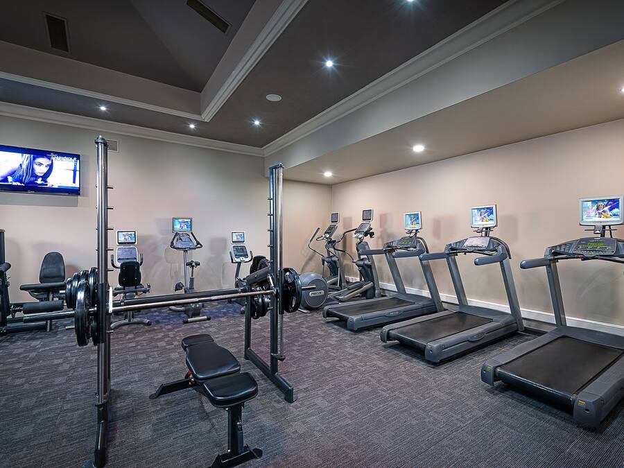 A gym with treadmills, a weight bench, and various exercise machines.
