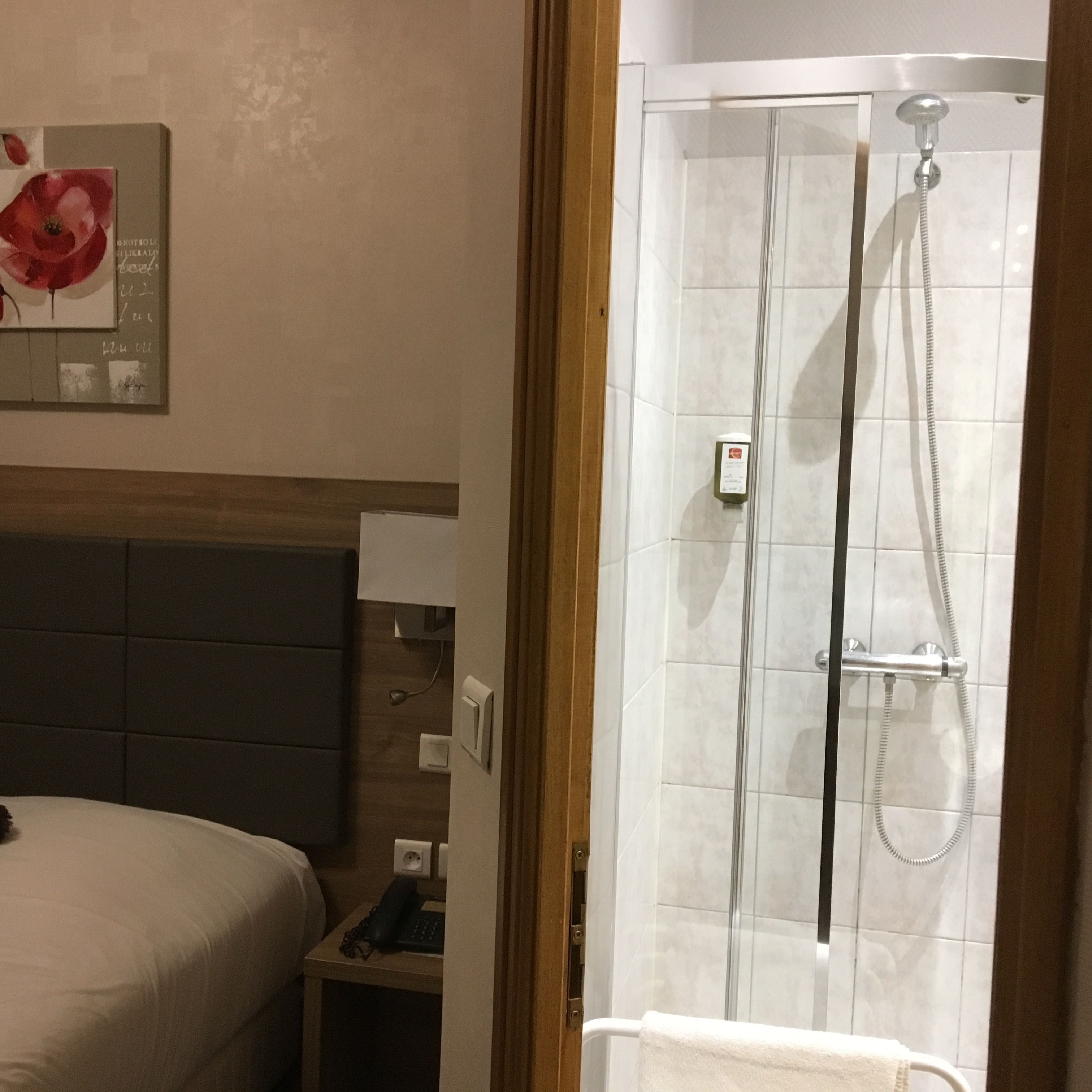 Una habitación de hotel con cama, mesita de noche y zona de ducha con puerta de vidrio.