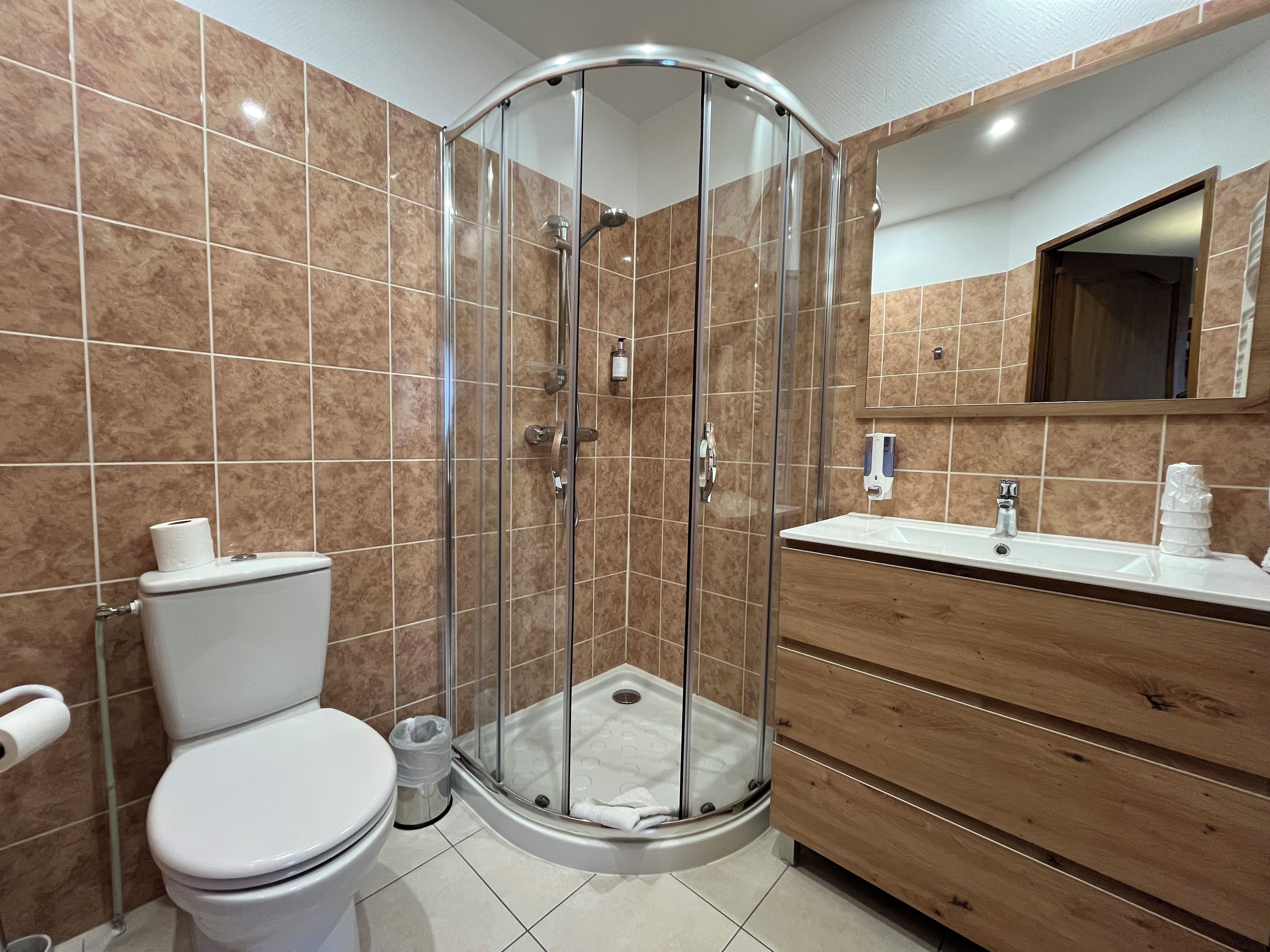 Un baño con ducha envuelta en vidrio, inodoro, lavabo y espejo.