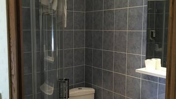 A bathroom with a glass shower enclosure, a white toilet, and a white sink with a mirror above it.