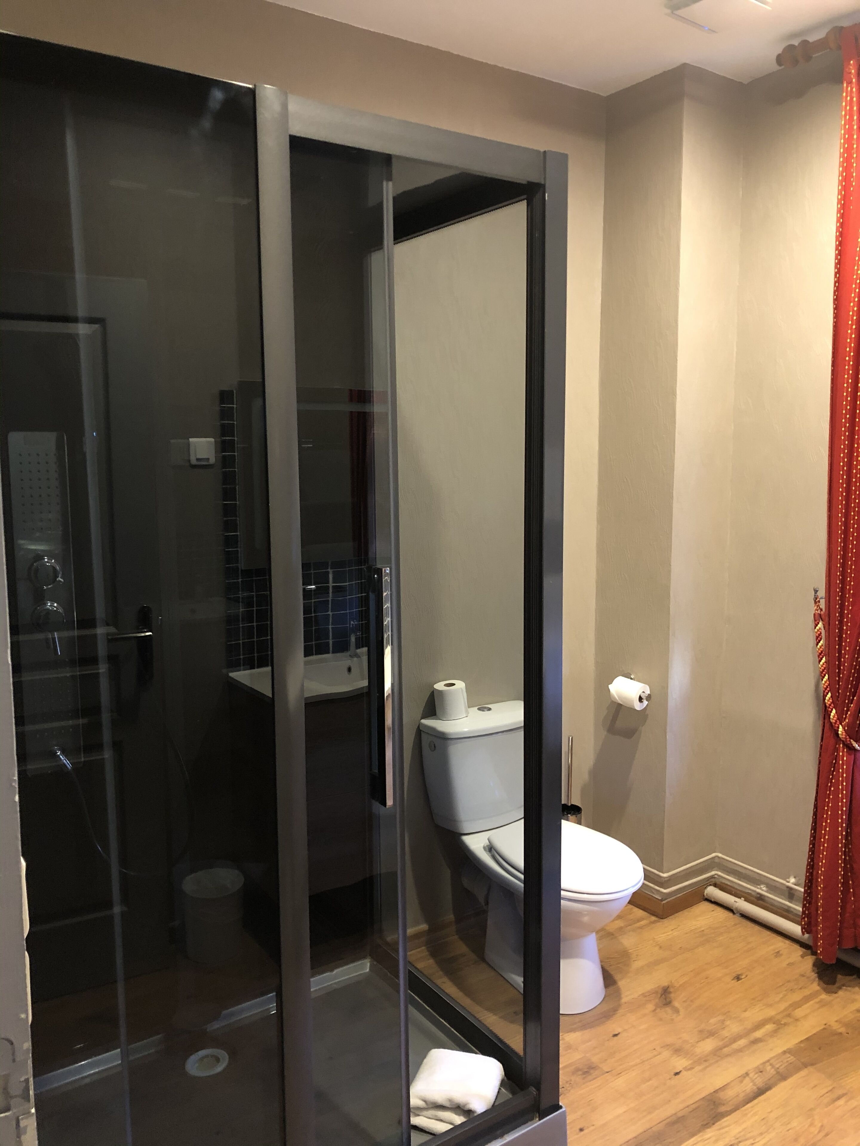 A modern bathroom with a glass shower enclosure, a toilet, and a red curtain.