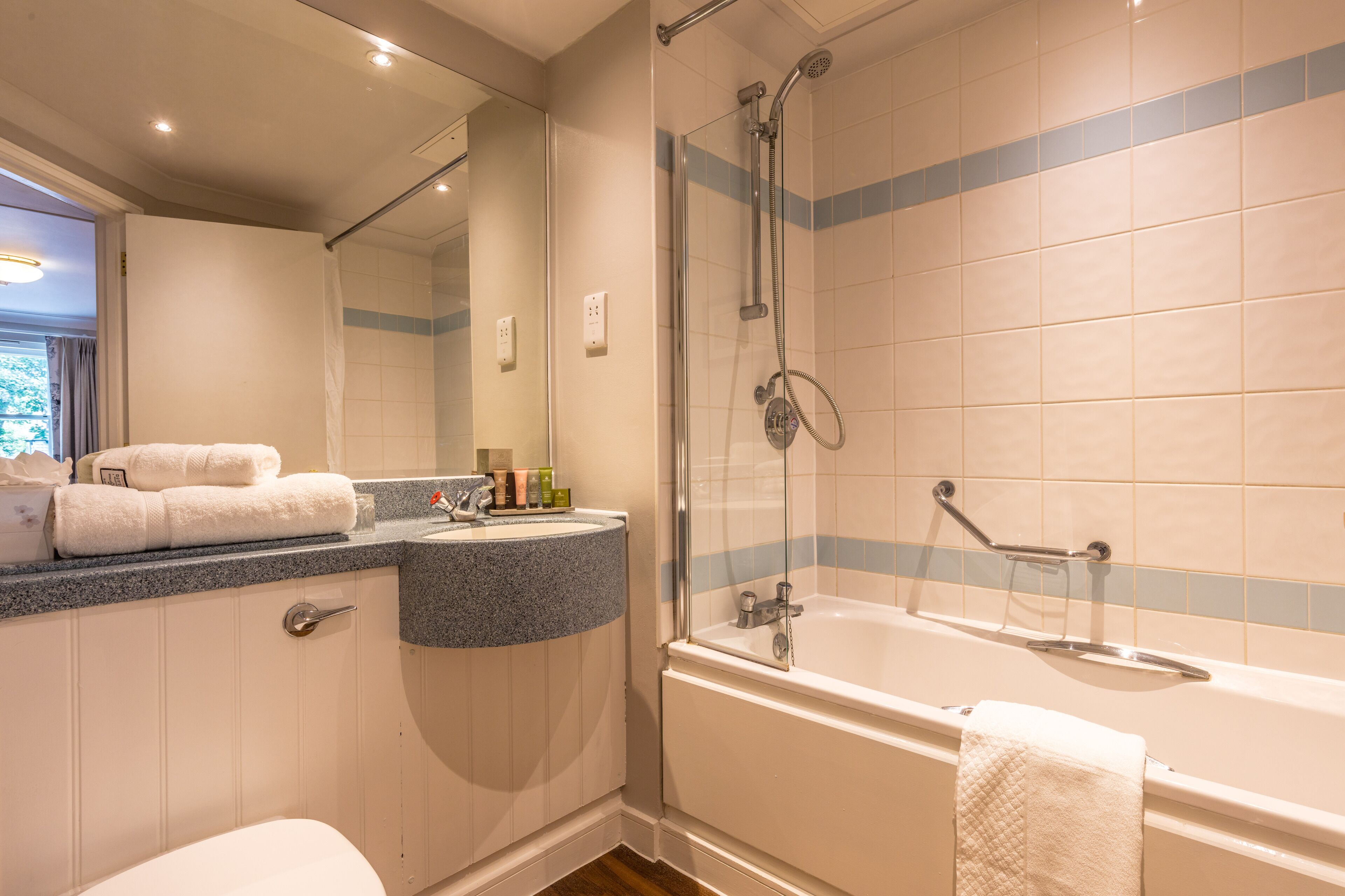 combined shower/bathtub, free toiletries, hair dryer, towels