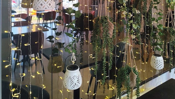 A room with hanging plants and string lights, a table with chairs, and a window with a view of the outside. - Hotel Saint Jacques (Parthenay)