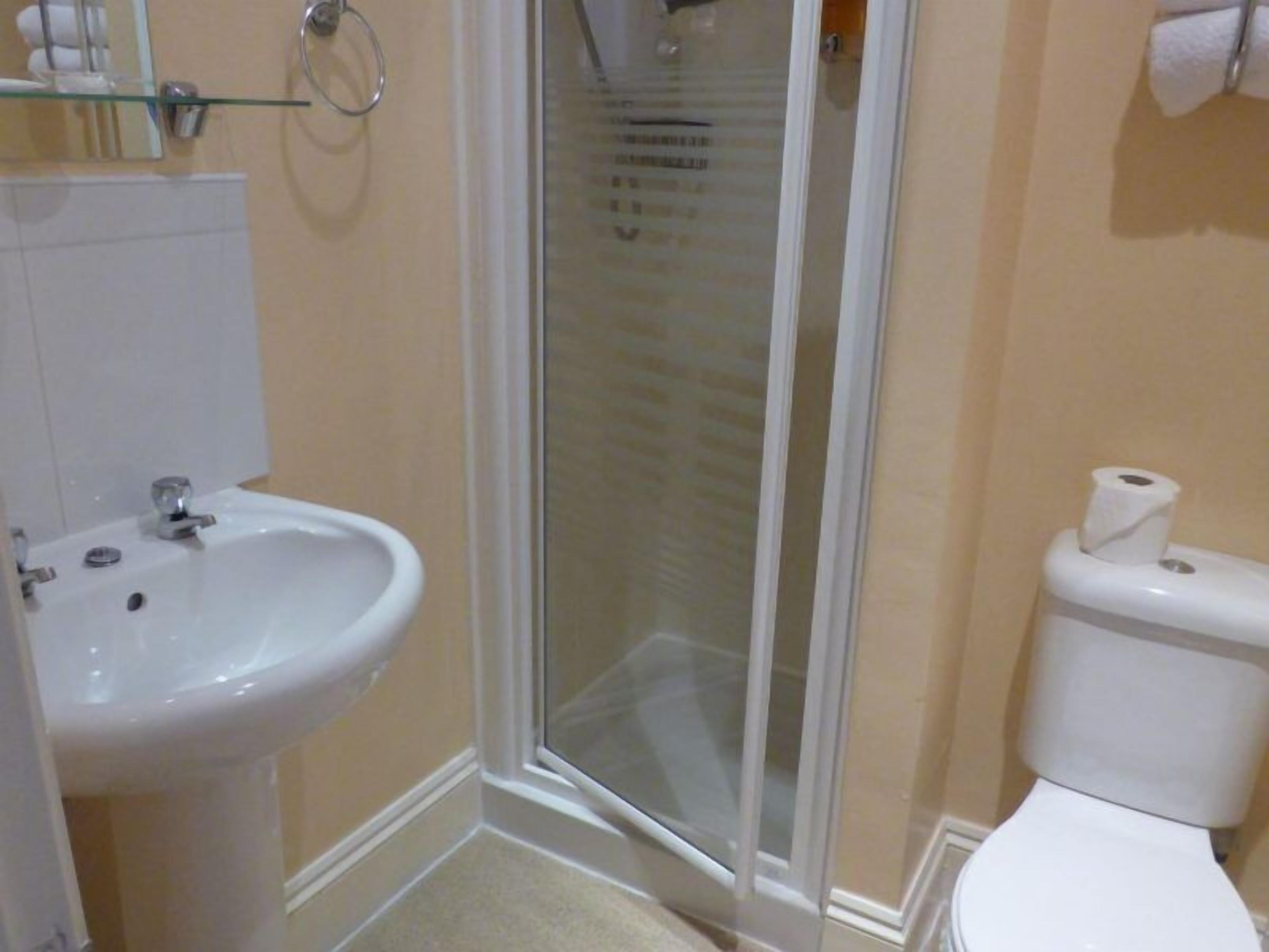 A bathroom with a sink, toilet, and glass shower enclosure.