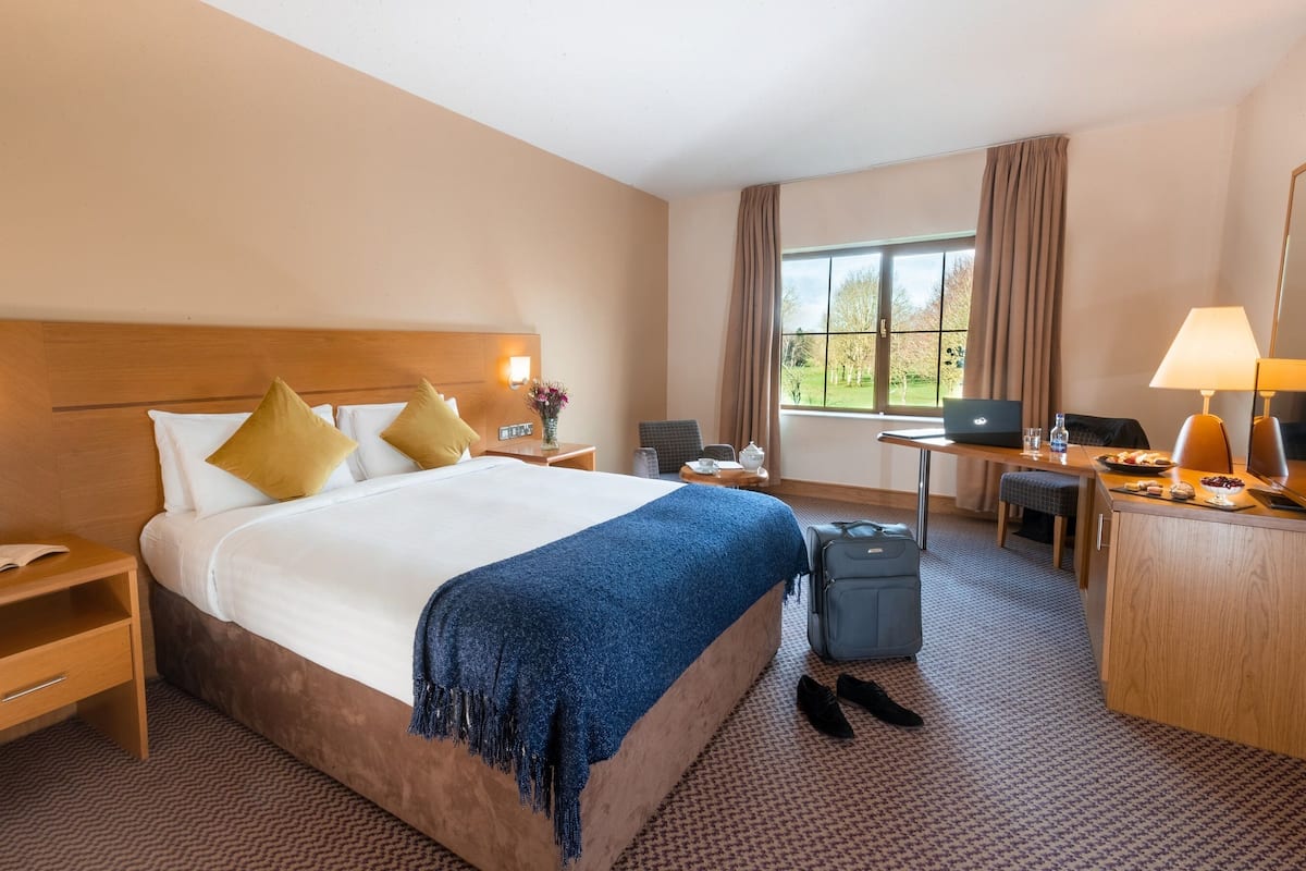 A hotel room with a large bed, a desk with a laptop, a chair, and a view of the outdoors.