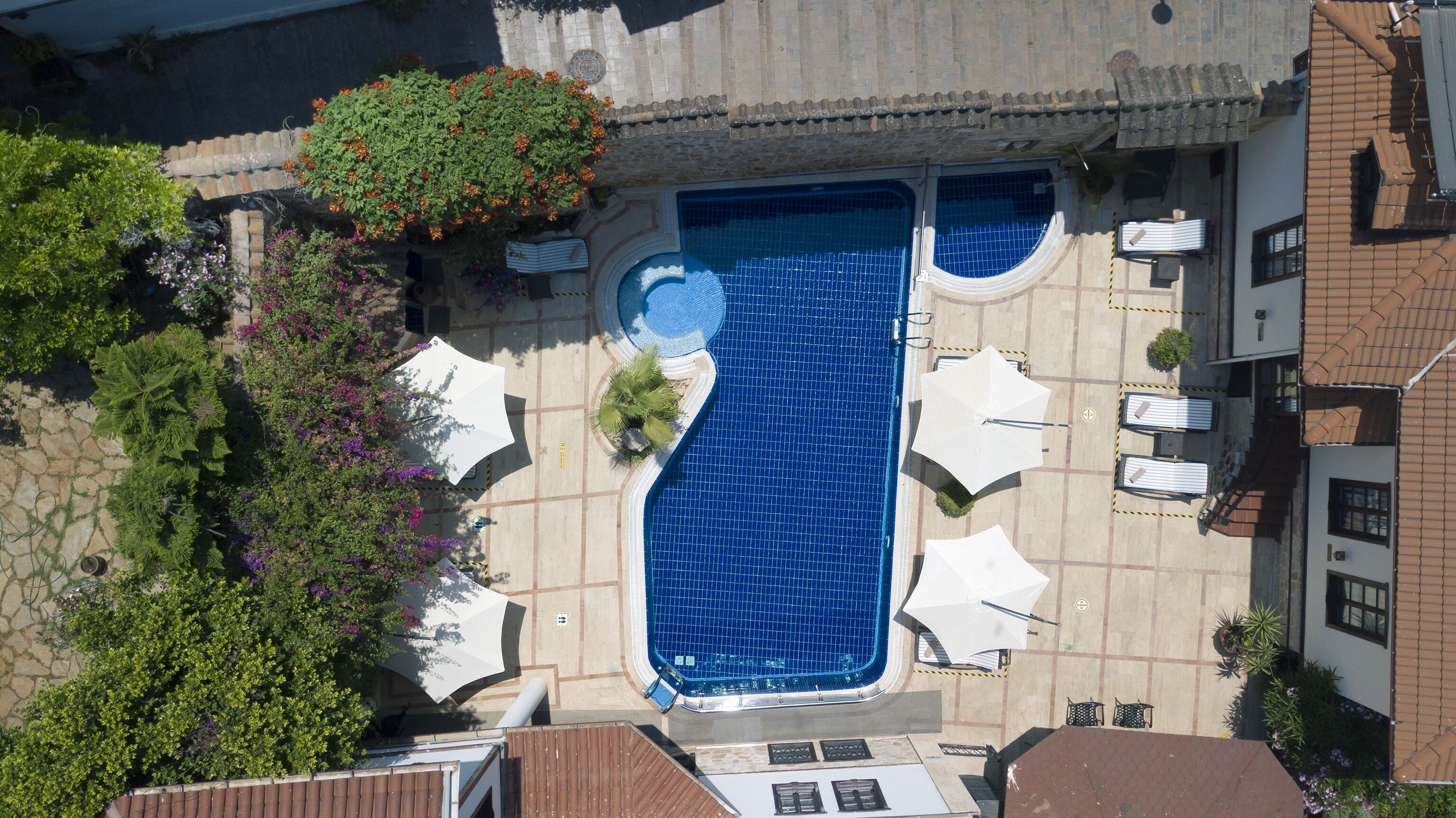An aerial view of a swimming pool with surrounding lounge chairs and a stone wall.