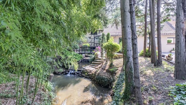 A serene garden with a small stream, stone steps, and a house in the background. - Le Moulin de la Brevette (Arbigny)