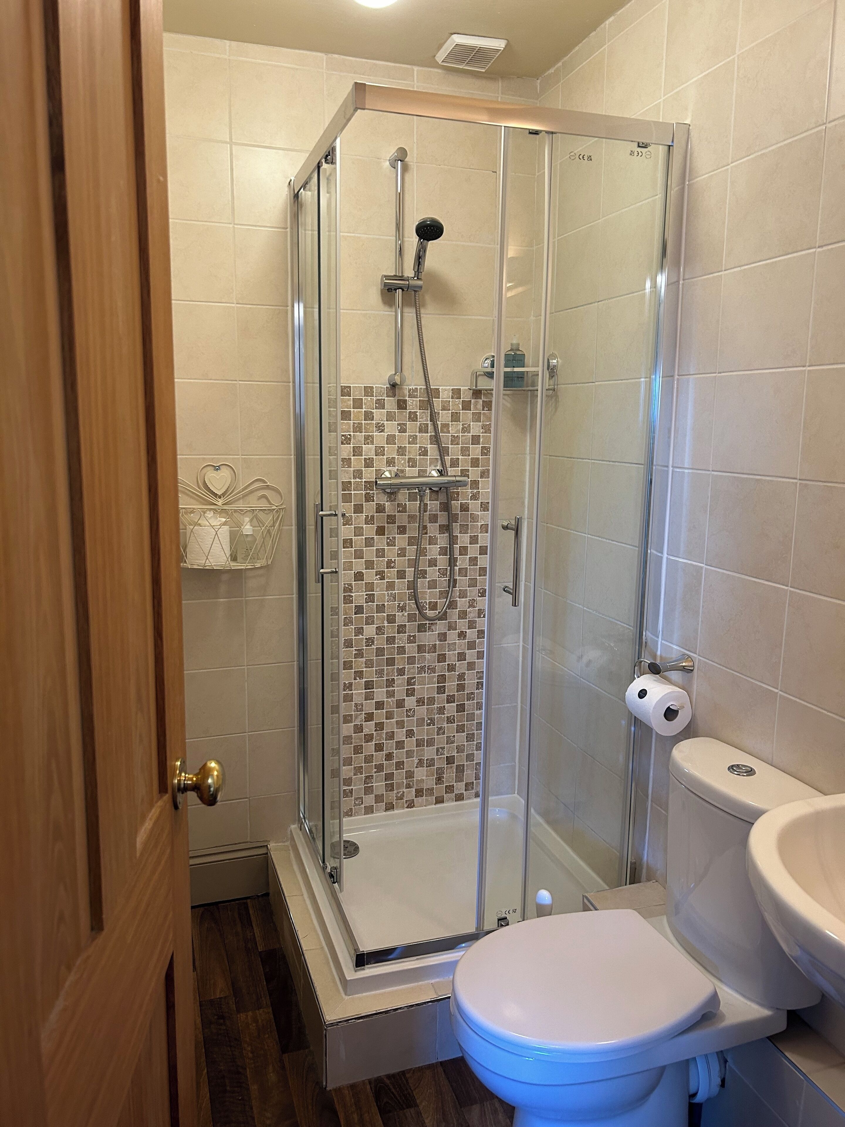 Un baño con ducha de vidrio, inodoro y lavamanos.