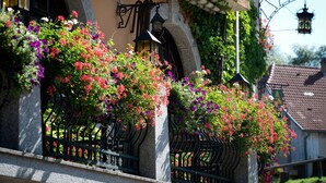 Un edificio con fachada de piedra, ventanas de arco y macetas colgantes de flores.