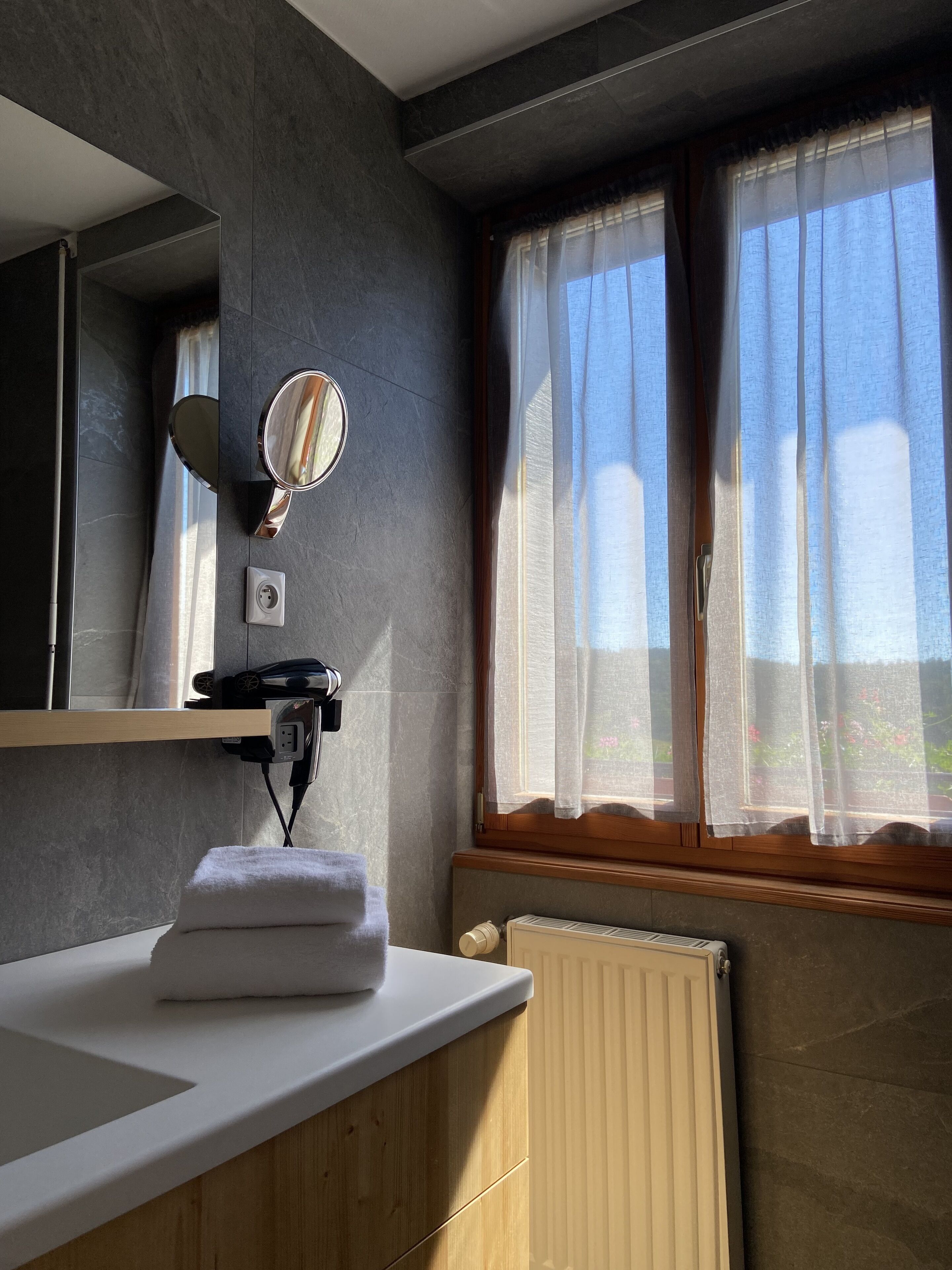double room | bathroom | shower, rainfall showerhead, hair dryer, bathrobes