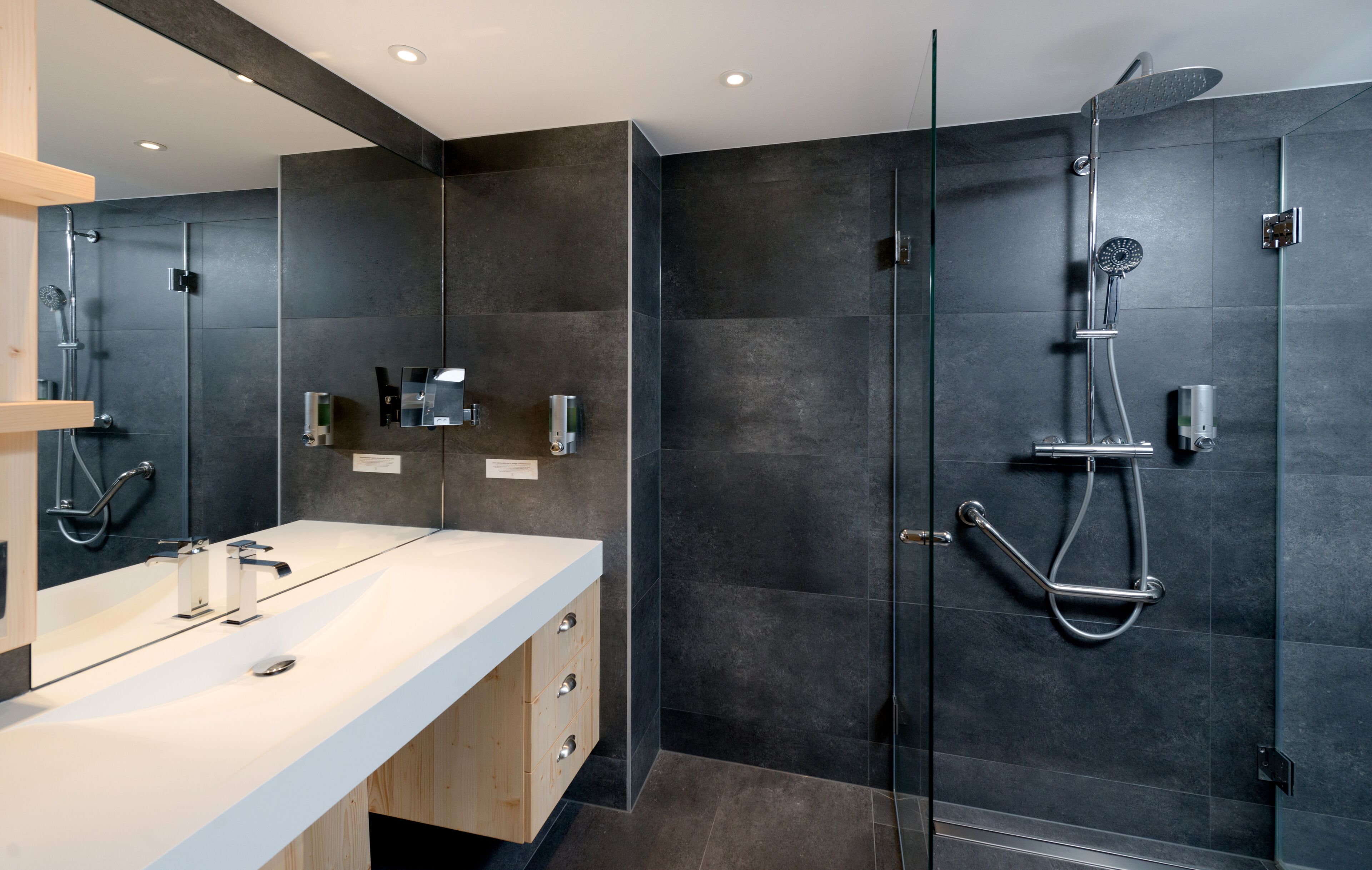 shower, rainfall showerhead, hair dryer, bathrobes