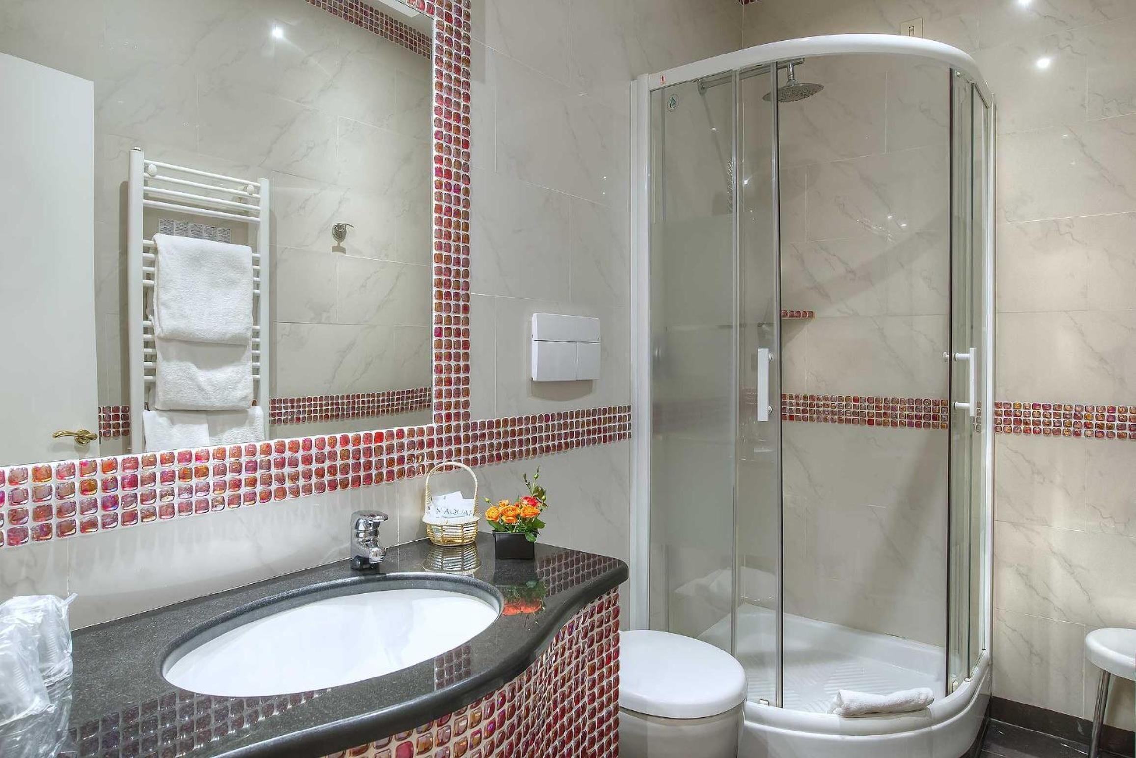 Shower, free toiletries, hair dryer, towels