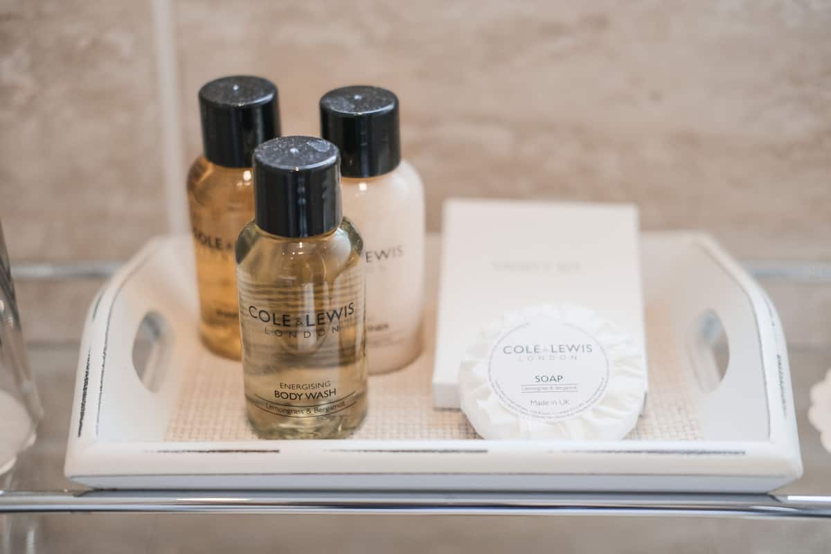 free toiletries, hair dryer, towels