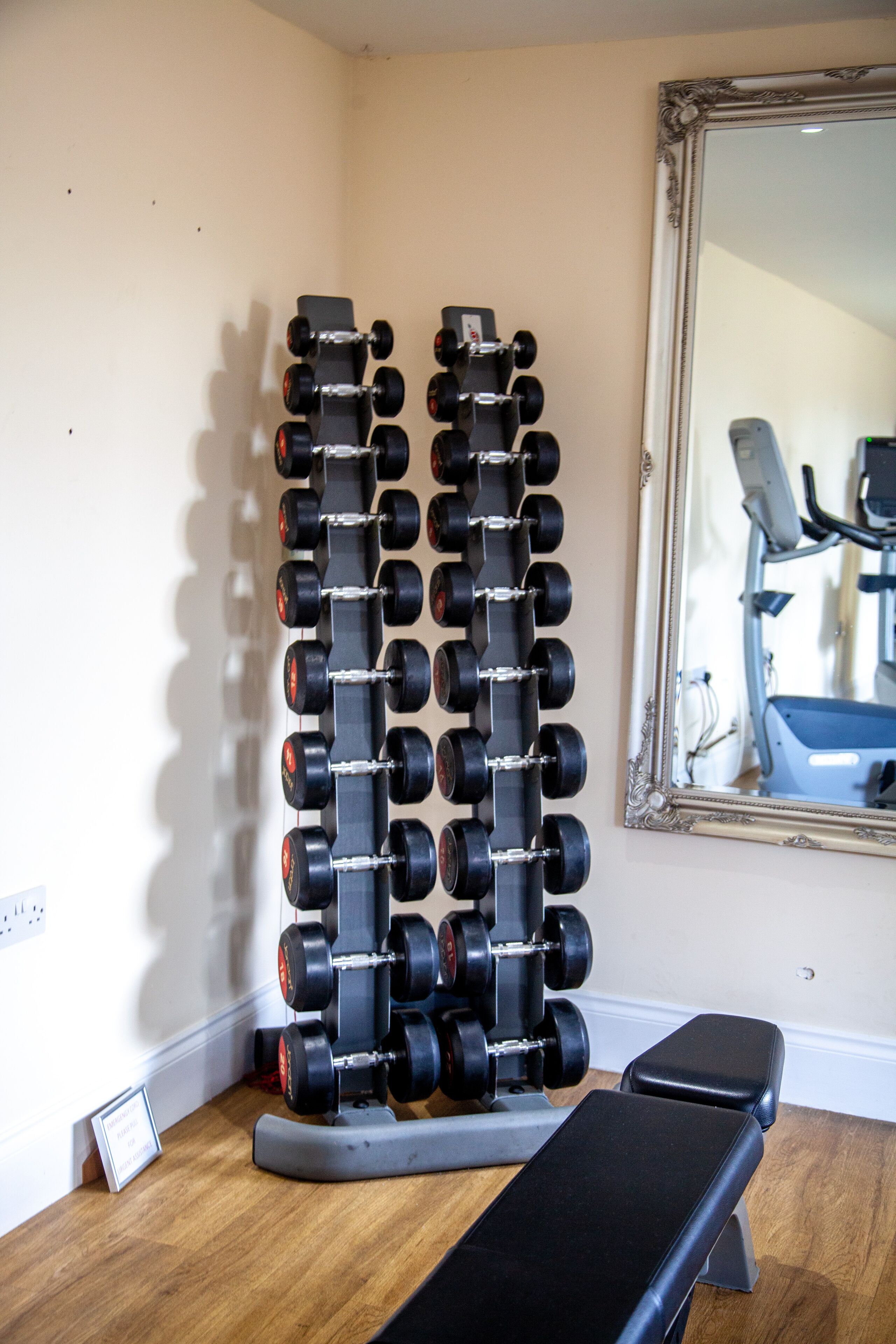 Une salle de sport équipée d’un banc, d’un miroir et d’un porte-haltères fixé au mur.