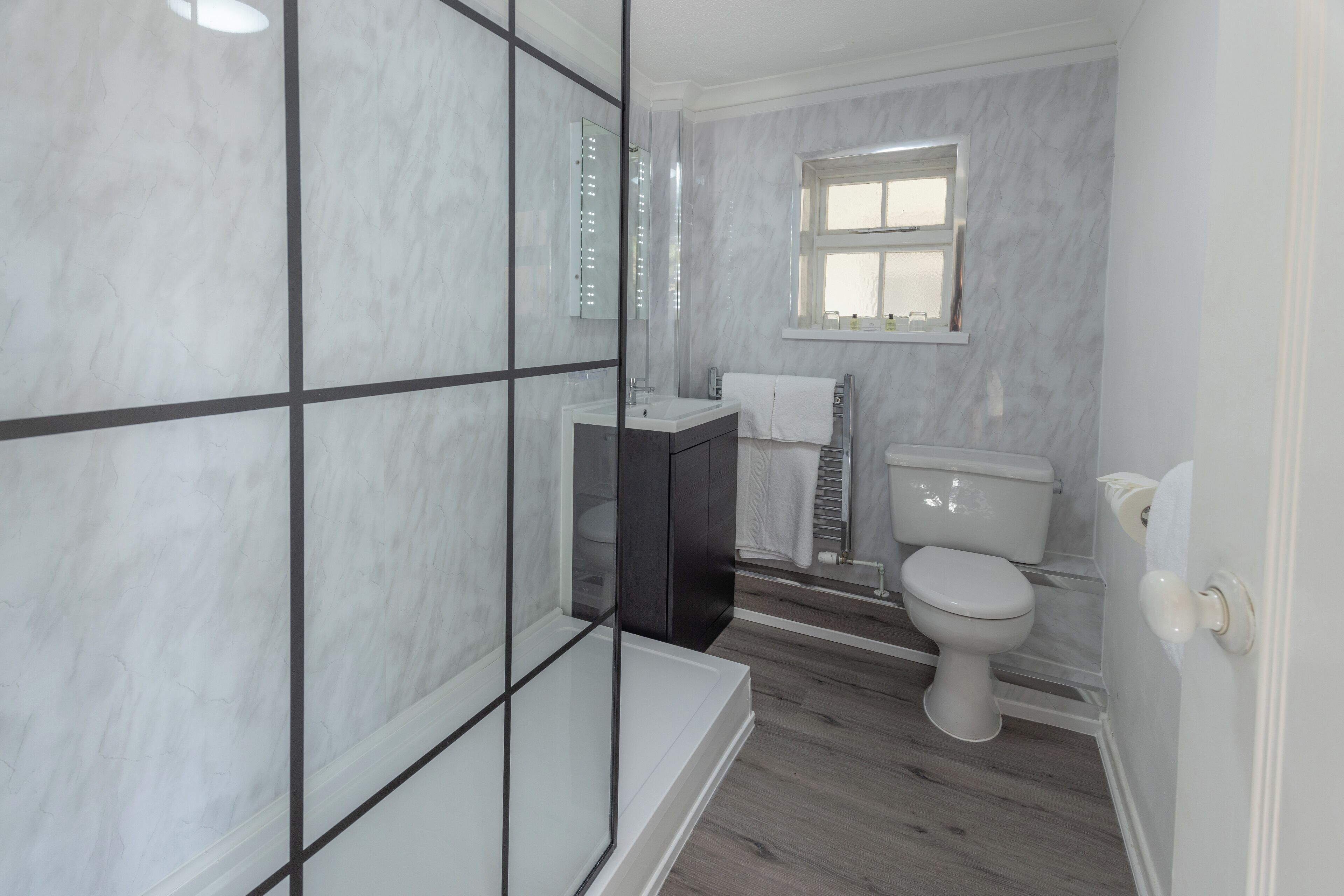 A modern bathroom with a glass shower enclosure, a white sink, and a toilet.