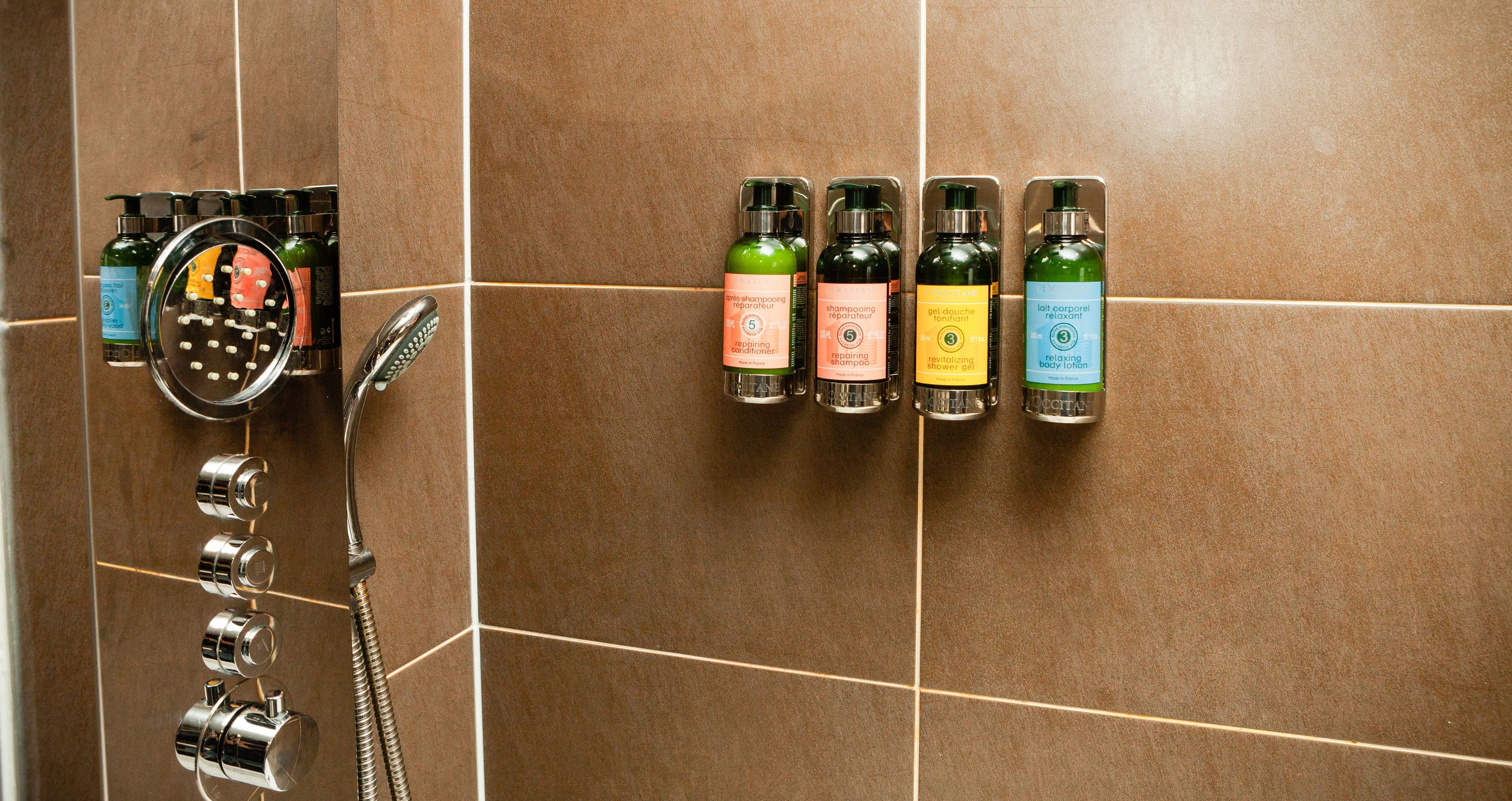 jetted bath, hydromassage showerhead, designer toiletries, hair dryer