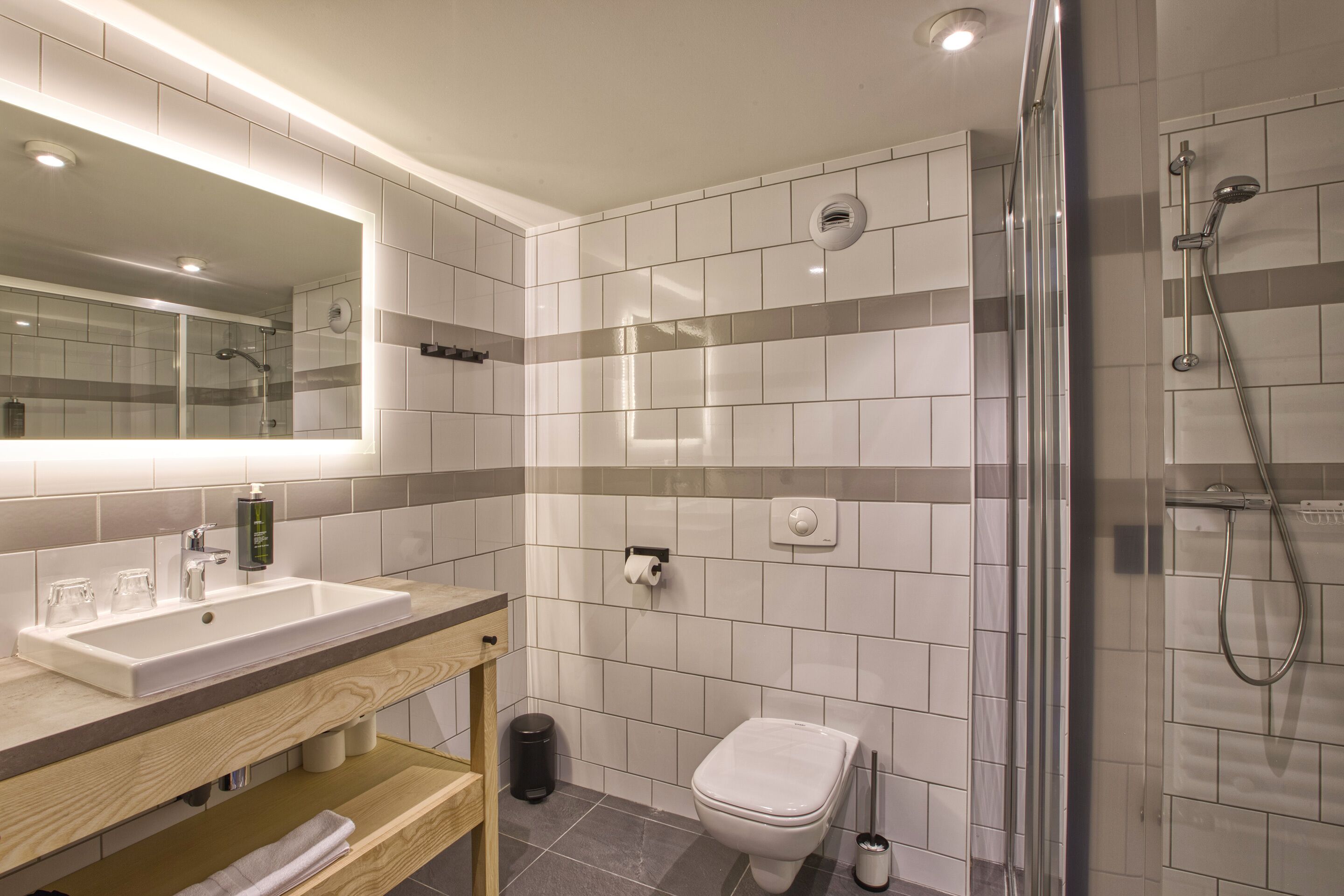 A modern bathroom with a sink, mirror, toilet, and shower.