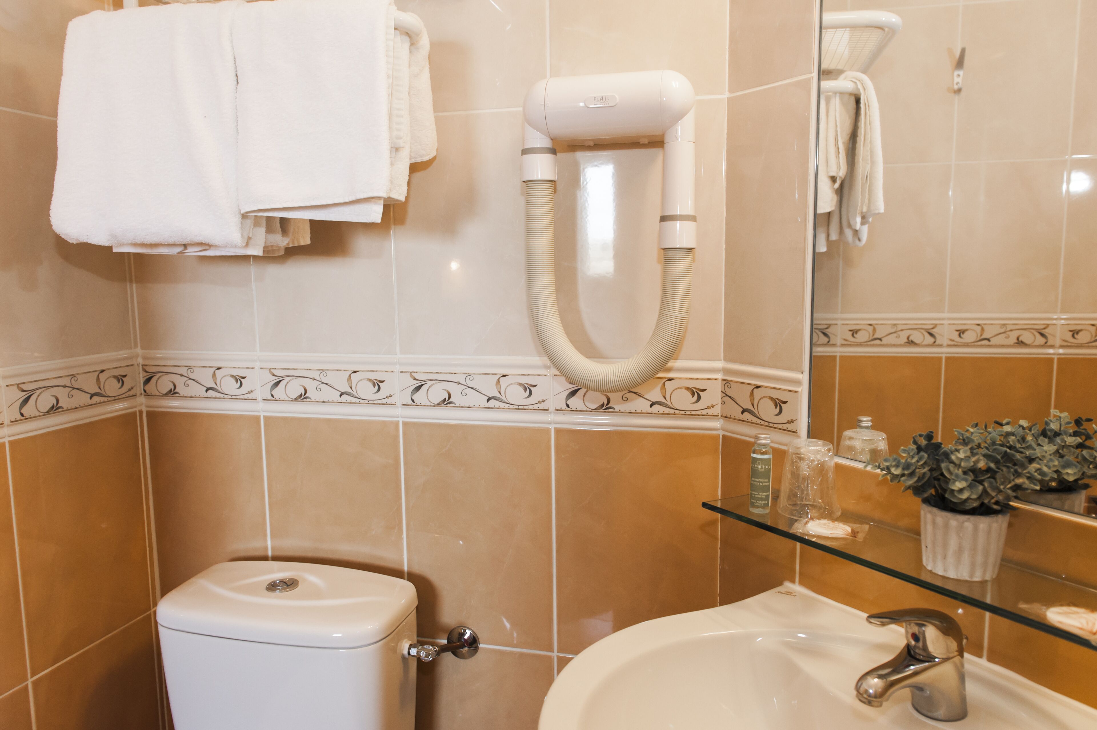 A bathroom with a toilet, a sink, a glass shelf with toiletries, and a hairdryer on the wall.