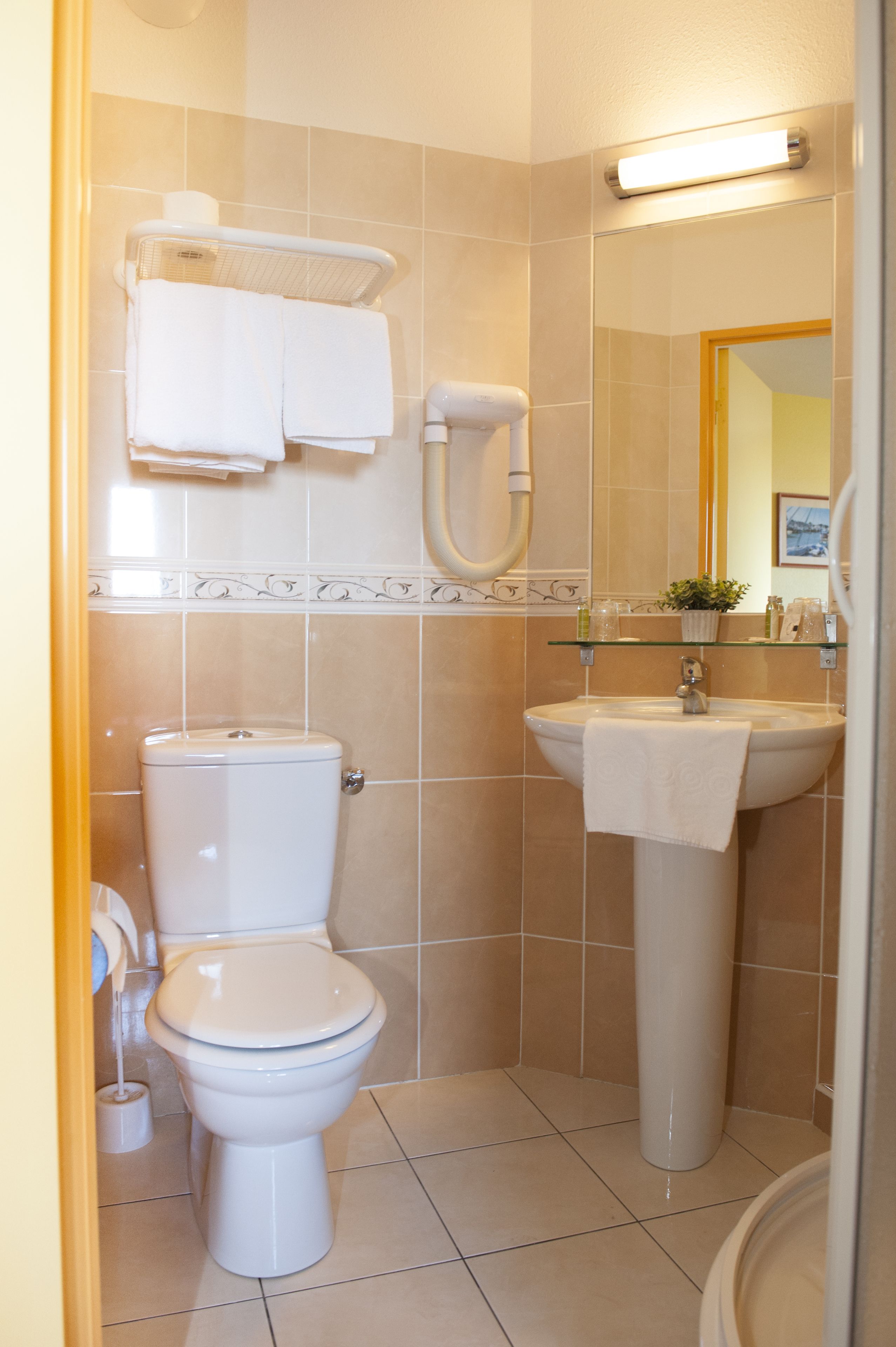A bathroom with a toilet, sink, and a mirror.