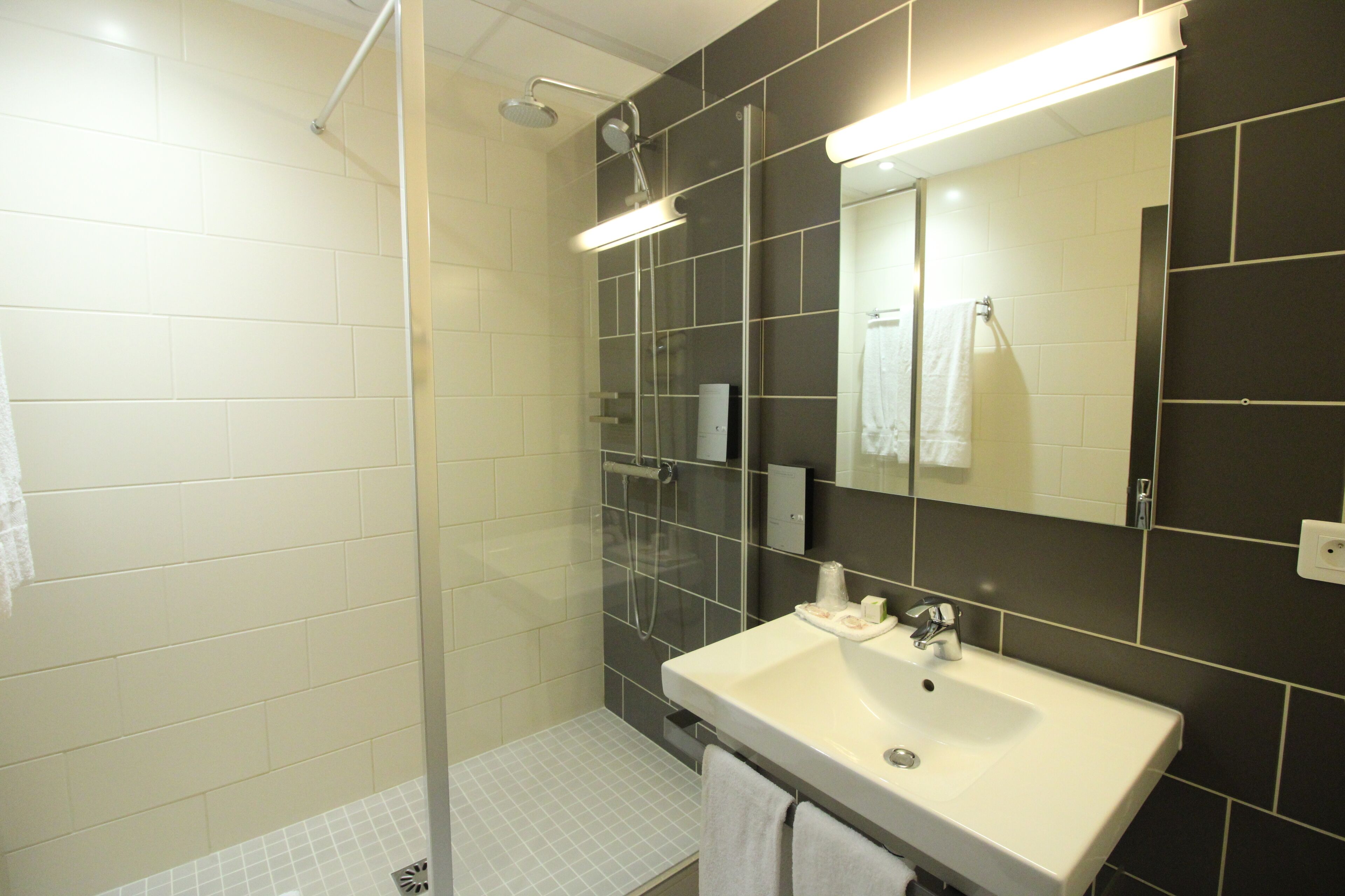 Un baño moderno con ducha de vidrio, lavamanos blanco y espejo grande.