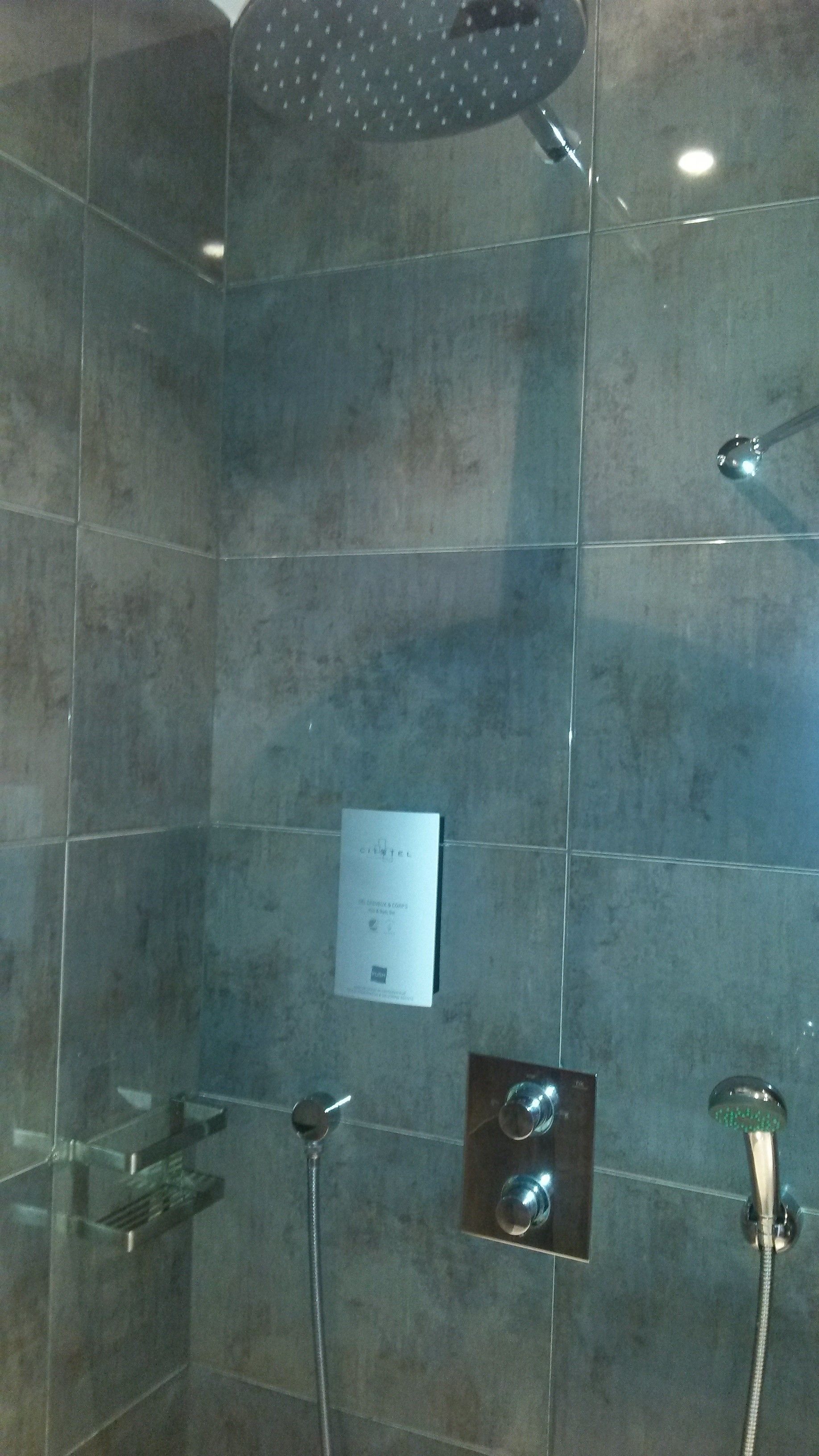 Un área de ducha con cabezal de ducha manual, panel de control en la pared y box de ducha con paredes de vidrio.