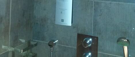 Un área de ducha con cabezal de ducha manual, panel de control en la pared y box de ducha con paredes de vidrio.