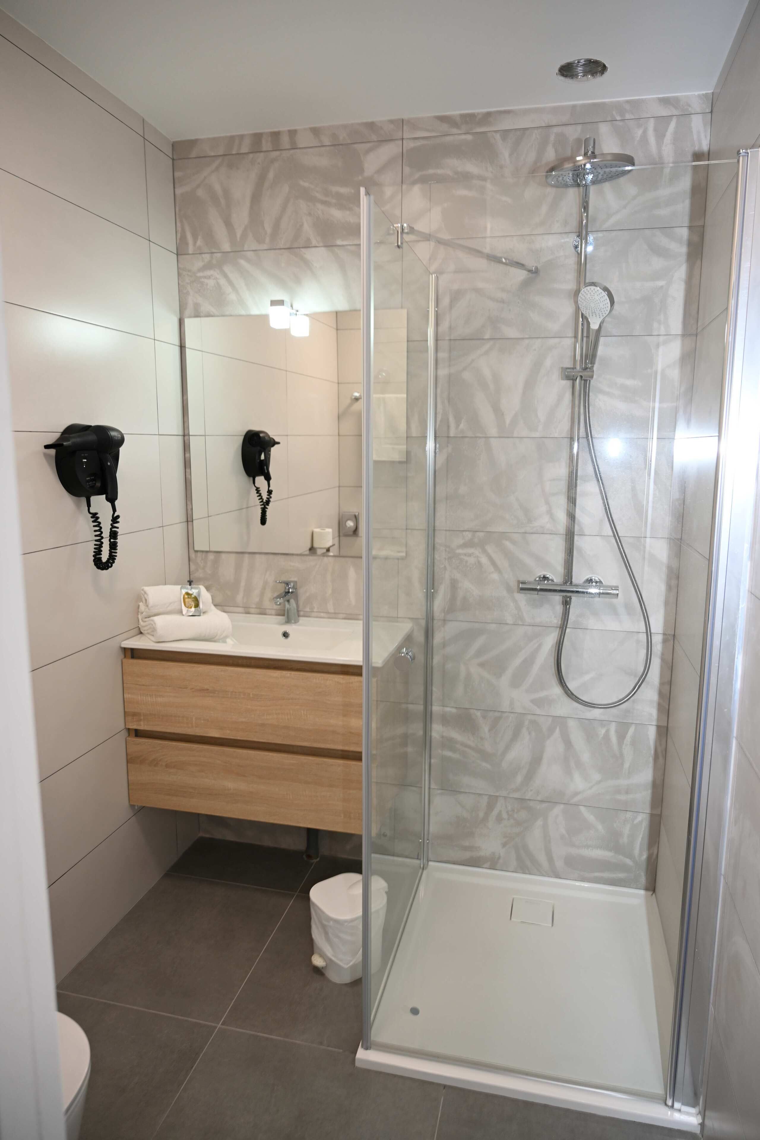 shower, free toiletries, hair dryer, towels